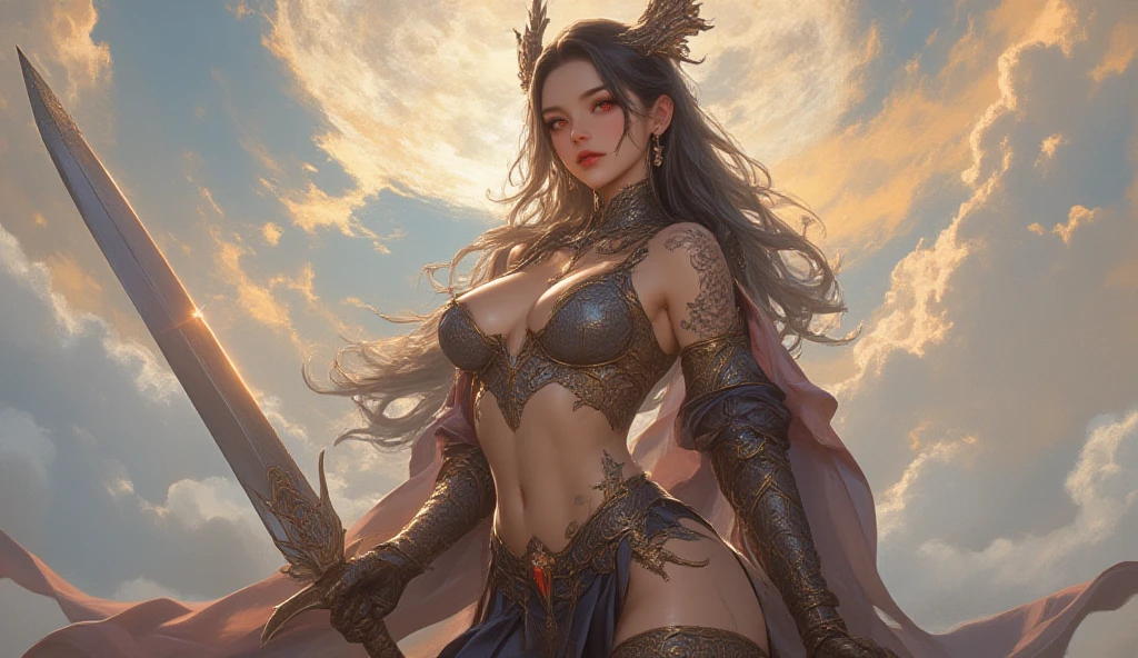 PERFECT MASTERPIECE, PROFESSIONAL AWARD-WINNING PORTRAIT, EXTREMELY DETAILED CG UNITY 8K UHD QUALITY RESOLUTION WALLPAPER, PHOTOREALISTIC, OFFICIAL ART, PROFESSIONAL CINEMATIC LIGHTING, PROFESSIONAL FILM QUALITY, COSMIC, ATMOSPHERIC, AESTHETIC, ENCHANTING, the most beautiful and ???? elf warrior goddess, long black hair, vibrant moonlight eyes, long detailed eyelashes, blushing, alluring and seductive facial expression, wearing highly detailed ???? hooded battle armor, super huge enormously gigantic ????, cleavage showing, curvy, full ????, gigantic ???? bursting out of her clothing, tons of tattoos and piercings, in a ???? seductive enchanting alluring pose, ???????????? arching her back, looking back at the viewer, her ???? facing the viewer, close up pov camera view from below, cherry blossoms and butterflies blowing in the wind, enchanted cosmic aesthetic atmospheric background