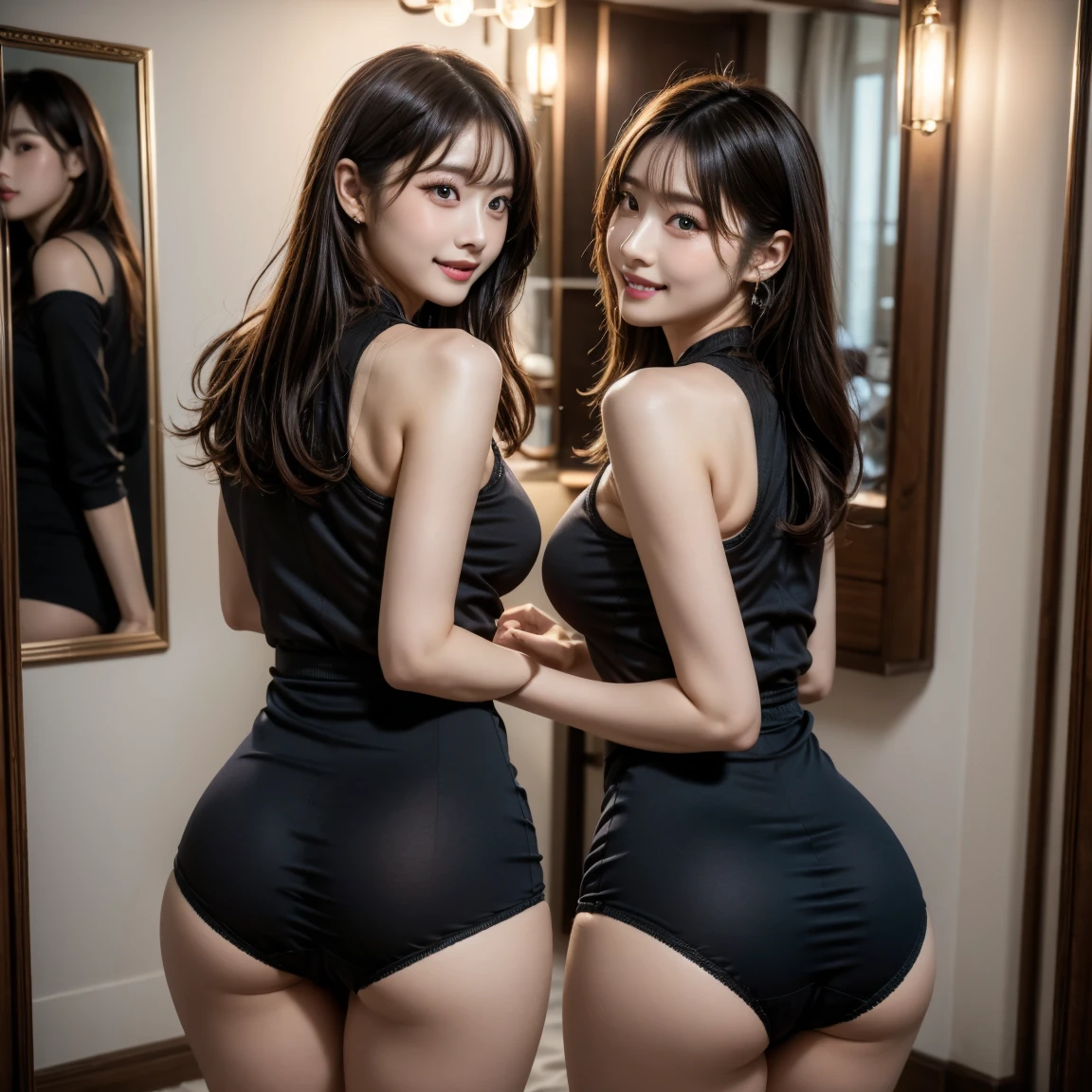 highest quality, masterpiece, 8k, Ultra-high resolution, (Realistic: 1.4), 1 girl, Beautiful Face, Symmetrical eyes, big,Cute Smile、(((looking at the camera)))、(((Staring at the audience)))、 Perfect figure,Bathroom、Rear View,, (Absolute area:1.3)、Show your back thighs、Black ????? panties、big ???、Stick your ???? out