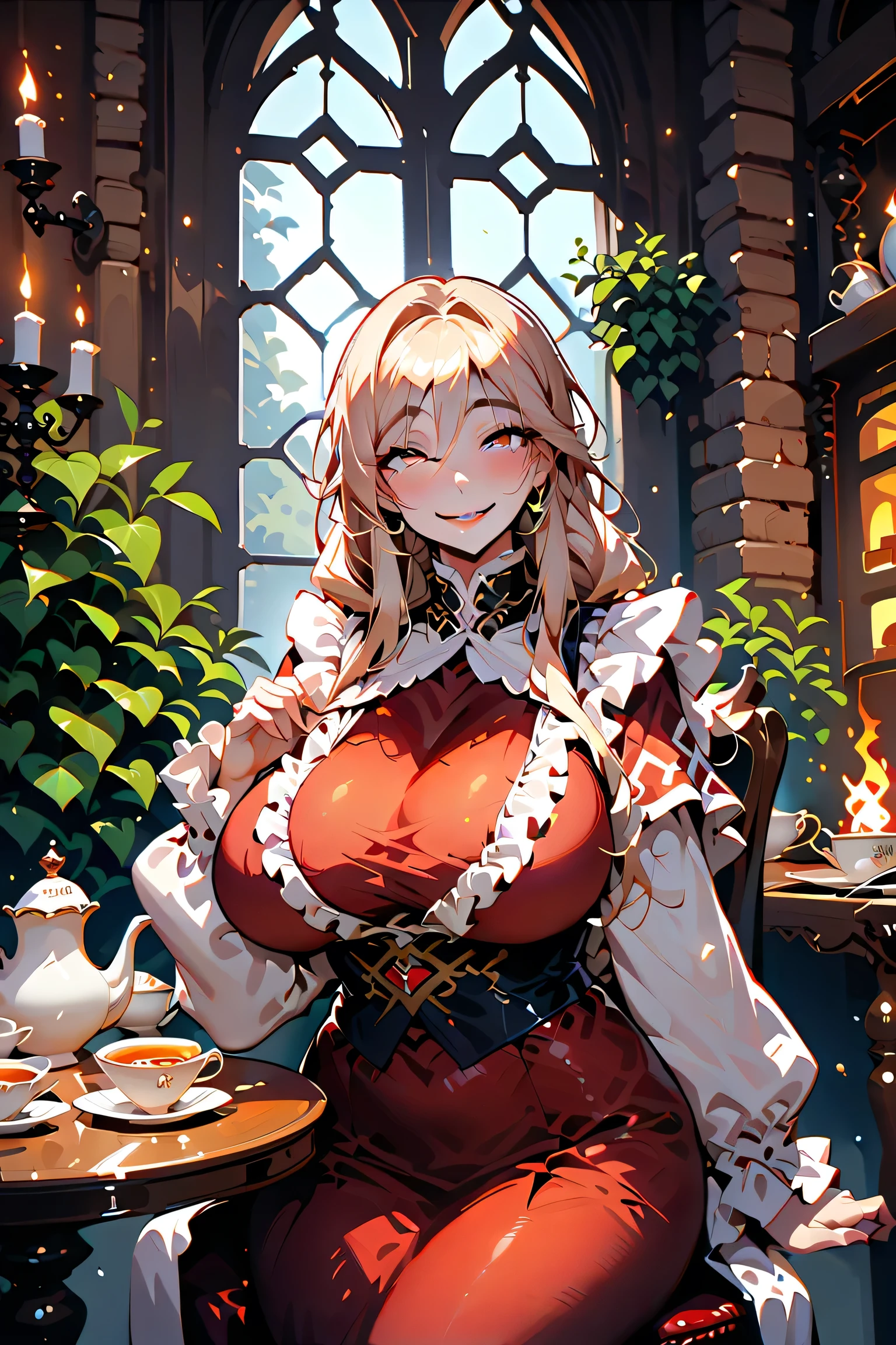 score_9_up,score_8_up,score_7_up,score_6_up,score_5_up,score_4_up,(((1 girl))),(((solo))),(pekomama),(((milf))), thick eyebrows, droopy eyes,(sexy lips),(((mature female))),(((open eyes))),big breasts,(red dress),frill,(((smile))),(cute lips),((sitting chair )),(((looking at viewer))),indoors, window, stone, candle ,table,table front,chair,(((a lot of tea set))),teapot,at noon,cowboy shot,angle from front,