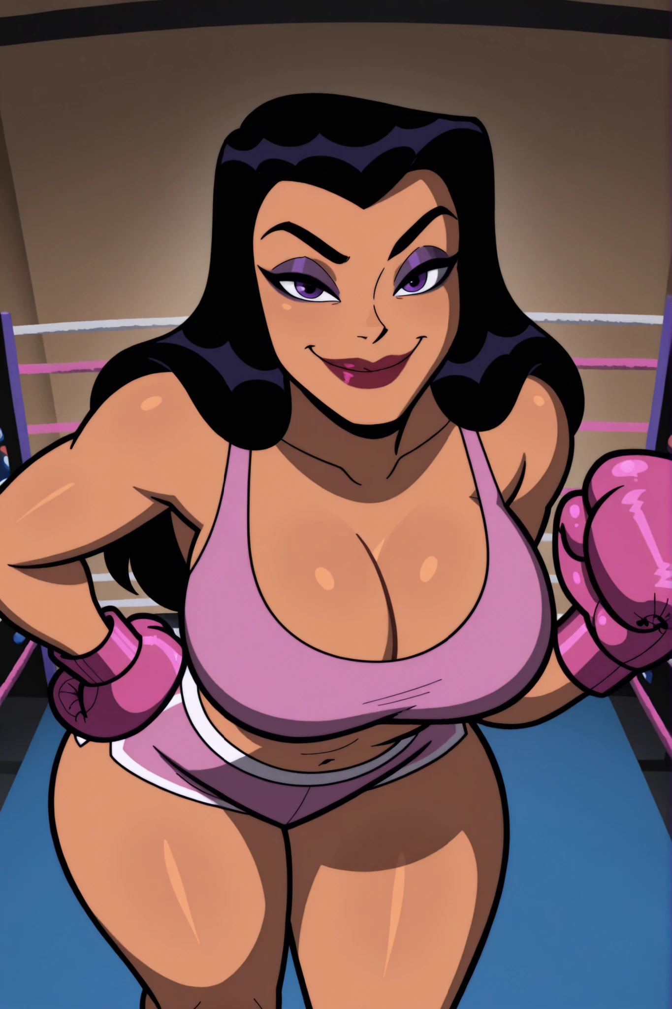 BREAK, score_8_up, score_7_up, score_6_up, score_9, h00nt33s 1girl, solo, long hair, very , smile, black hair, purple eyes, makeup, lipstick, cleavage, curvy, athletic, looking at viewer, seducing viewer, teasing viewer, indoors, boxing ring, standing, expression, bedroom eyes, busty, pink sports bra, pink boxing shorts, pink boxing gloves, portrait, upper body, closeup, high-angle view, dark purple eyeshadow, thick thighs, wide , leaning forward