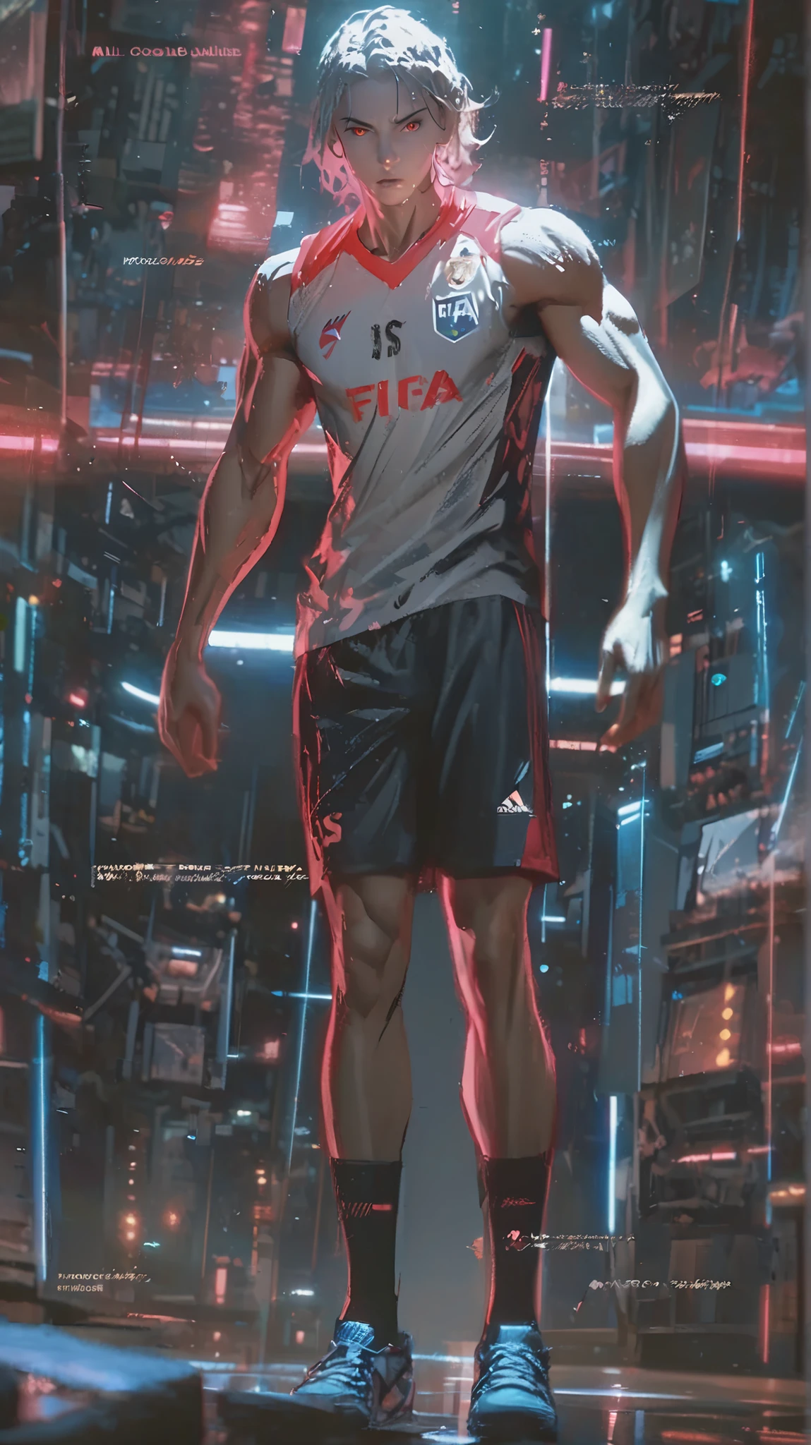 main theme followed by specific details, rich environment and immersive atmosphere, elaborate visual context, incorporated technical specifications, realistic photographic style, ultra resolution alta, Cinematic lighting, professional composition, natural depth of field, detailed surface texture, Balanced Contrast, moderate saturation, harmonious color palette, processamento RAW, qualidade 8K, ultra detailed rendering, immersive perspective, Perfect proportions, photorealistic rendering, subtle atmospheric effects, reflections and natural shadows, minimal post-processing, authentic visual appearance, exceptional sharpnesshigh quality, obra-prima, melhor qualidade, Male soccer boy, cabelo platinado, glowing red eyes, olhos fluorescentes, intense expression, definite expression, looking at the killer staring at the spectator, modern Fifa soccer uniform, soccer field at night, neon blue lighting, violet neon lighting, neon reflections on every surface, perspectiva frontal, panoramic cinematic perspective, ethereal atmosphere, mystical atmosphere, ultra resolution,