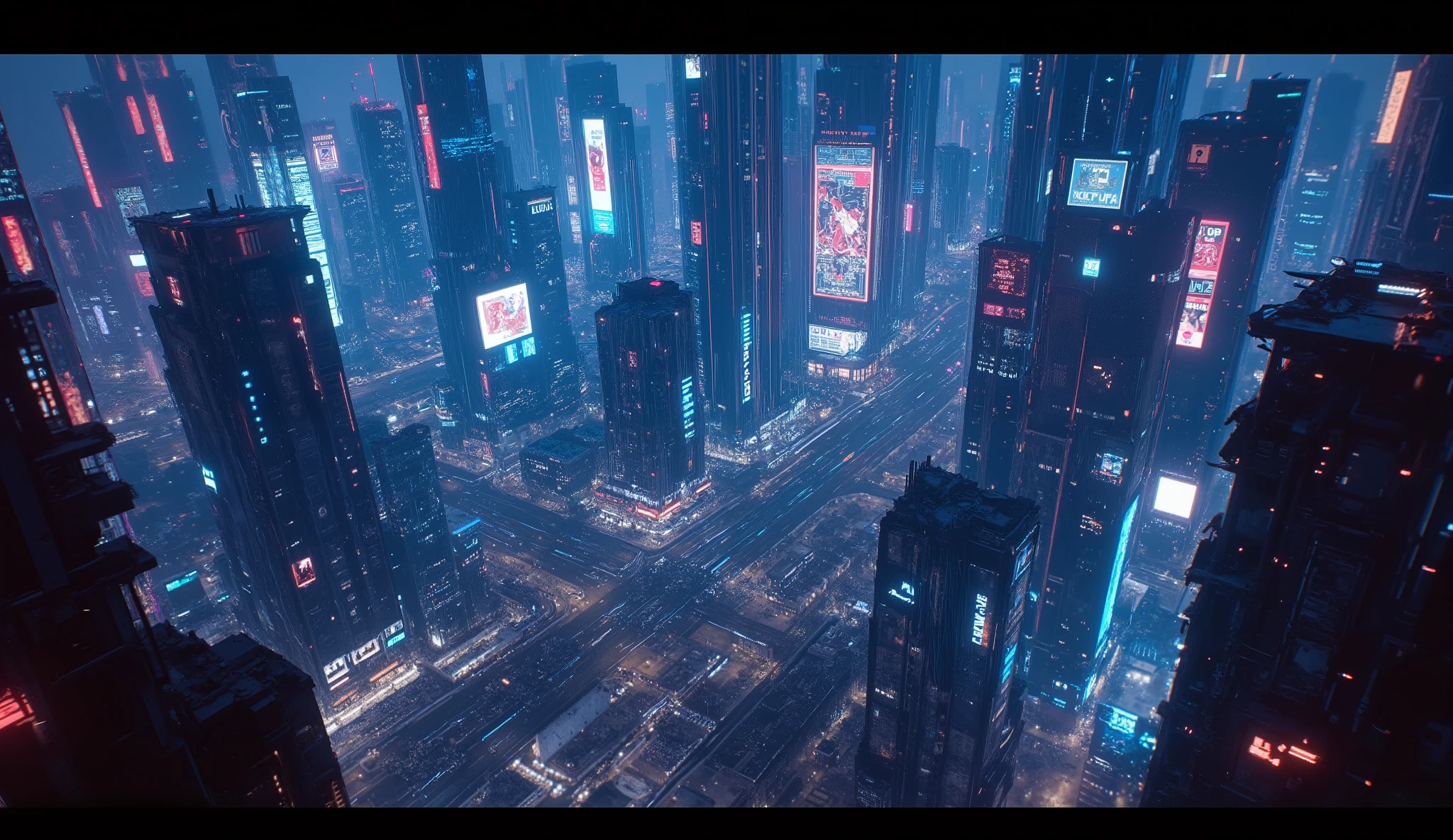 A vast neon cyberpunk city seen from above at night, skyscrapers glowing with glitching billboards, digital rain falling like blue / red holographic streams, ghostly avatars flickering in the streets below. Cinematic wide shot, ultra-detailed, 16:9, Lucid cinematic model.

The background shows the desolate ruins of a futuristic city: shattered skyscrapers, twisted steel beams, piles of rubble, and dust illuminated by shafts of pale moonlight. The atmosphere is cinematic, photorealistic, with razor-sharp details, subtle haze, and a haunting bittersweet mood — rendered in photorealistic style for FLUX.