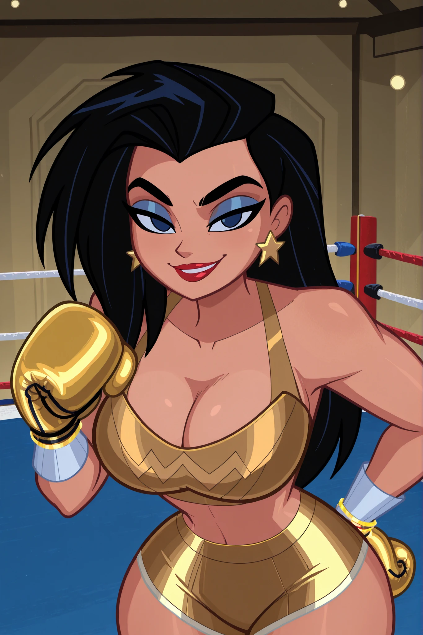 BREAK, score_6_up, score_9, score_8_up, score_7_up, ultra quality, solo, 1girl, wonderwomanjla, long hair, black hair, bare shoulders, jewelry, earrings, busty, gold sports bra, gold boxing shorts, gold boxing gloves, makeup, lipstick, star earrings, looking at viewer, seducing viewer, teasing viewer, smiling, seductive expression, bedroom eyes, athletic, very large breasts, cleavage, curvy, narrow waist, upper body, portrait, screencap, indoors, boxing ring, standing, high-angle view, closeup, midriff, blue eyeshadow, thick thighs, wide hips, leaning forward