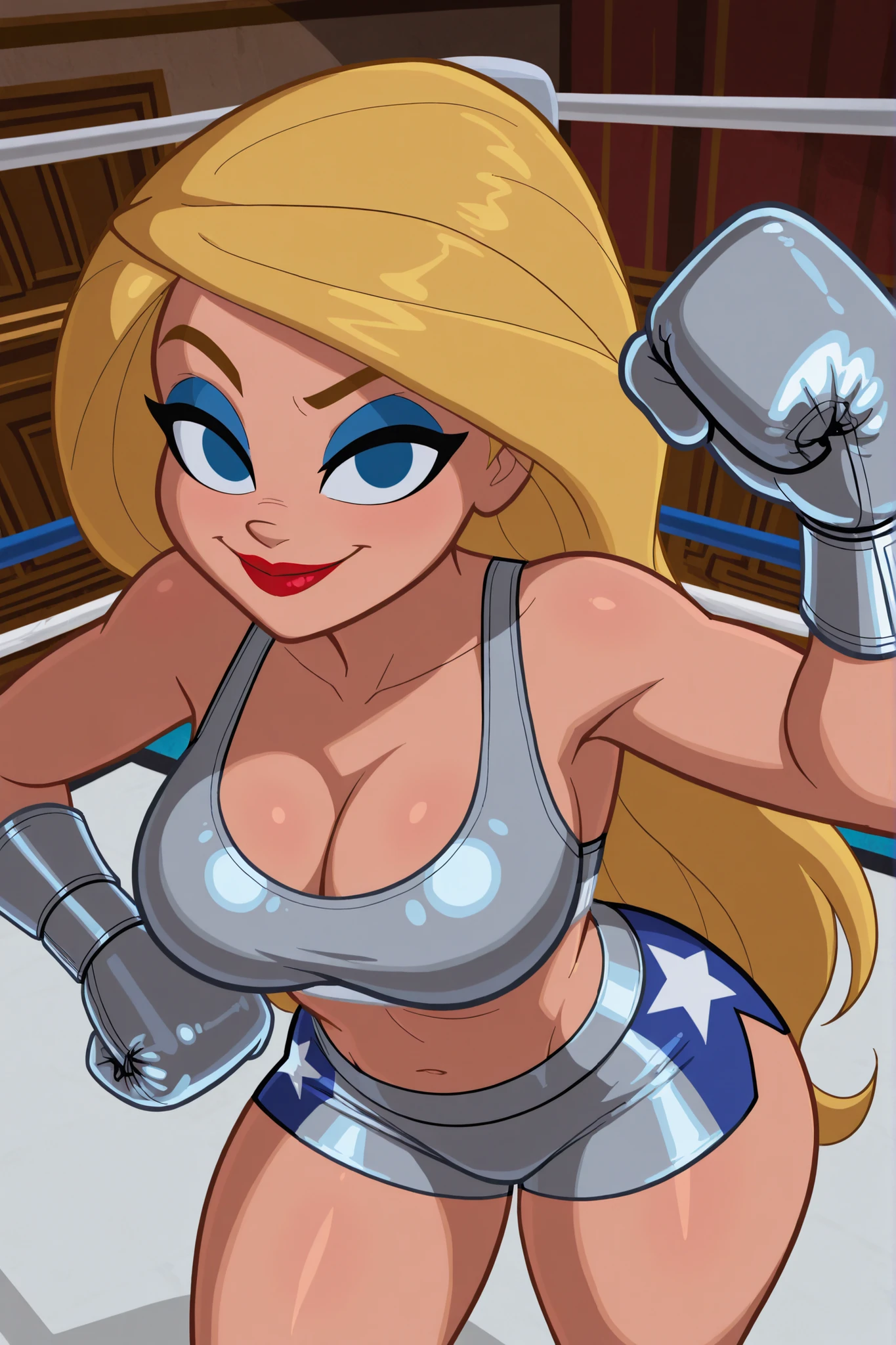BREAK, score_6_up, score_7_up, score_8_up, score_9, Stargirl, 1girl, solo, long hair, blue eyes, blonde hair, lipstick, superhero, red lips, very , cleavage, curvy, athletic, looking at viewer, seducing viewer, teasing viewer, smiling, closed mouth,  expression, bedroom eyes, busty, silver sports bra, silver boxing shorts, silver boxing gloves, indoors, boxing ring, standing, portrait, upper body, closeup, high-angle view, blue eyeshadow, thick thighs, wide , leaning forward 