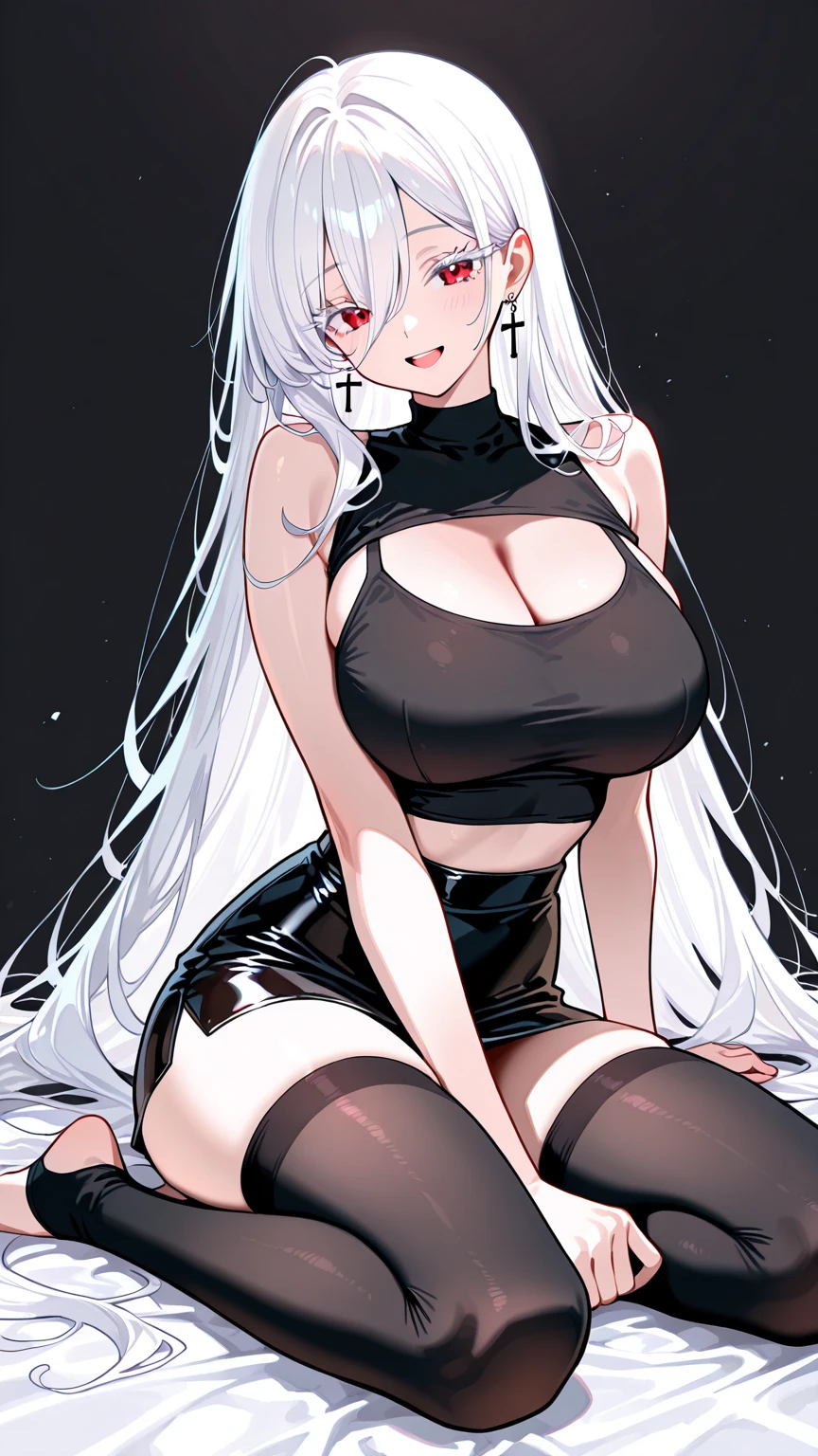 Big Breasts、long hair、Silver Hair、No sleeve、Vertical knitwear、Black fishnet stockings、Long, slender legs、Emphasize the chest、whole body、Shy face、High resolution、masterpiece、Highest quality、High-resolution model