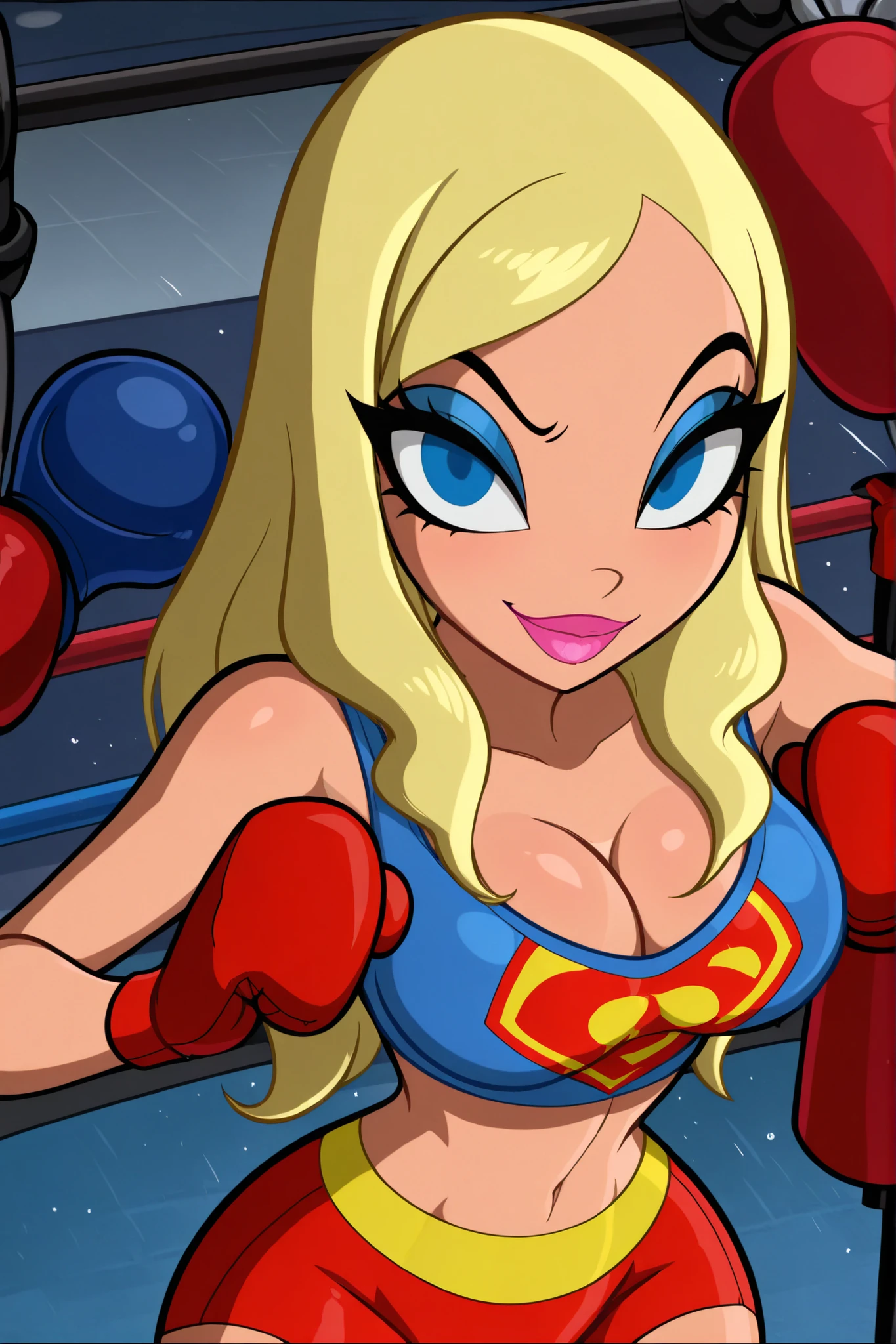 BREAK, score_6_up, score_7_up, score_8_up, score_9, masterpiece, best quality, amazing quality, SGJLA, 1girl, solo, blonde hair, blue eyes, pink lipstick, long hair, makeup, very large breasts, busty, cleavage, curvy, athletic, looking at viewer, seducing viewer, teasing viewer, seductive expression, smiling, closed mouth, bedroom eyes, dark blue sports bra, dark red boxing shorts, dark blue boxing gloves, indoors, boxing ring, standing, closeup, portrait, upper body, high-angle view, blue eyeshadow, thick thighs, wide hips, leaning forward 