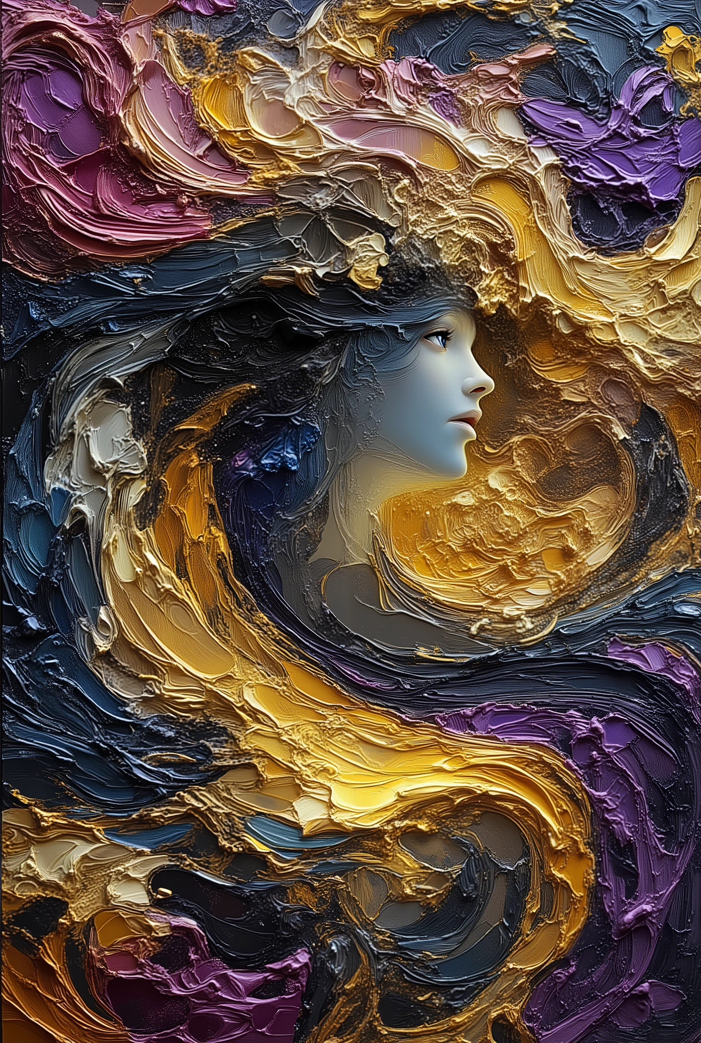 extremely aesthetic, mythological style, A mix of Art Nouveau and Impressionism, Impasto style, oil-painting, illustration, fantastic, anatomically correct, Off-center composition,
An icon of Pandora's profile as she opens the box, releasing its surreal contents. Onyx hair and blue eyes. The flowing hair is depicted in decorative detail and three-dimensionally, making it beautiful.
Powerful and emotional impasto technique, free and liberating brush strokes, emphasis on subtle gradations that give the impression of three-dimensionality, a mad obsession with gradations, material, artistic effect, hazelnuts, (palette knife, painting knife), pig hair, innovative, cutting edge, thick textured layers of paint, emotional intensity, tension, sculptural strokes, vibrant and vivid swirling colors that overflow from the canvas, A masterpiece in honour of the girl with all the gifts, opening the box that releases all the golden and purple destructive temptations upon the mortal world. Madly aesthetic.