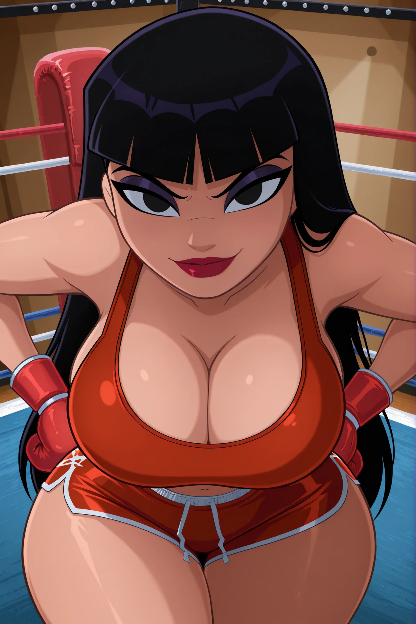 BREAK, score_6_up, score_7_up, score_8_up, score_9, Zatanna, 1girl, solo, jla_style, long hair, black hair, blunt bangs, black eyes, lipstick, makeup, very large breasts, busty, cleavage, curvy, athletic, looking at viewer, seducing viewer, teasing viewer, seductive expression, smiling, closed mouth, sultry expression, bedroom eyes, red sports bra, red boxing shorts, red boxing gloves, indoors, boxing ring, standing, closeup, portrait, high-angle view, dark purple eyeshadow, thick thighs, wide hips, leaning forward