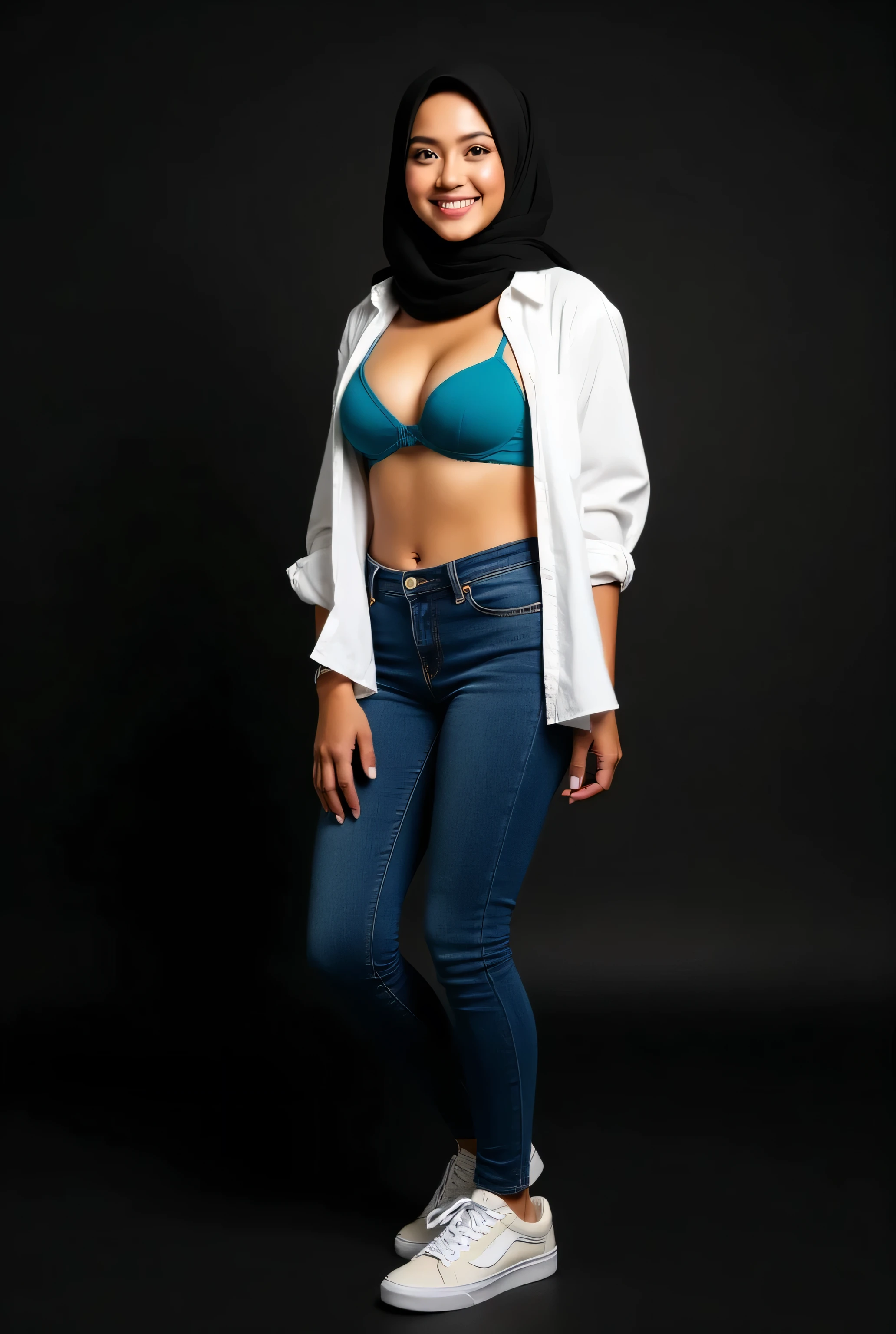 (Realistic, High Quality), Full body photo wearing black hijab, big breasts, wearing unbuttoned white office shirt and teal blue cute bra, blue tight skinny jeans, wearing VANS Old Skool sneakers, Standing against the wall, seductive smile looking at viewer, black studio background, studio lighting