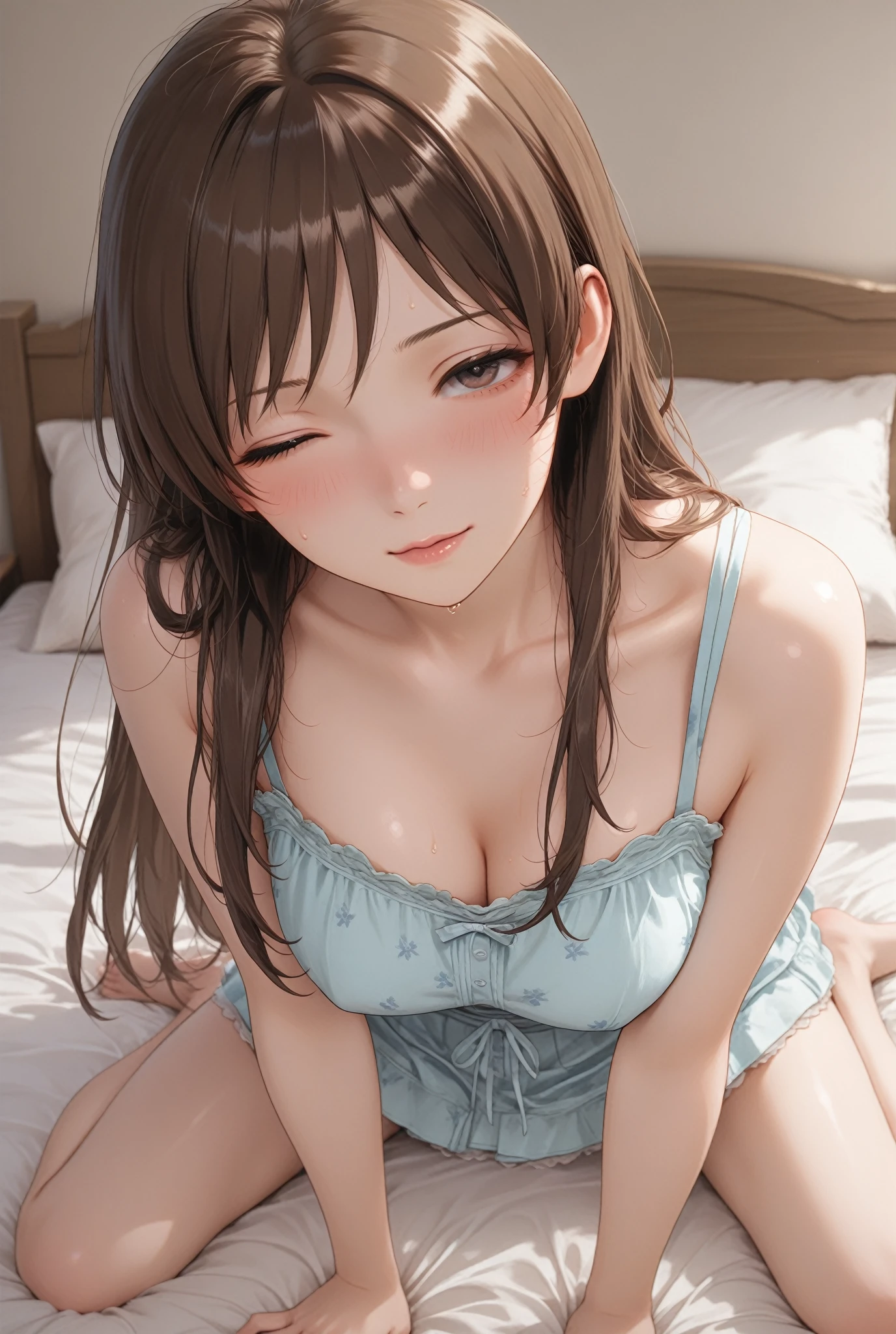 The upper part of the body、an oil painting、​masterpiece、top-quality、hight resolution、Orange long hair、Orange long hair、Sleeping in bed、Naughty look、White and gray stripes々bra very、Button is disconnected、White and gray stripes々Panties、Bending legs、Female face、Hot face、A slightly troubled look、sweat-wet skin