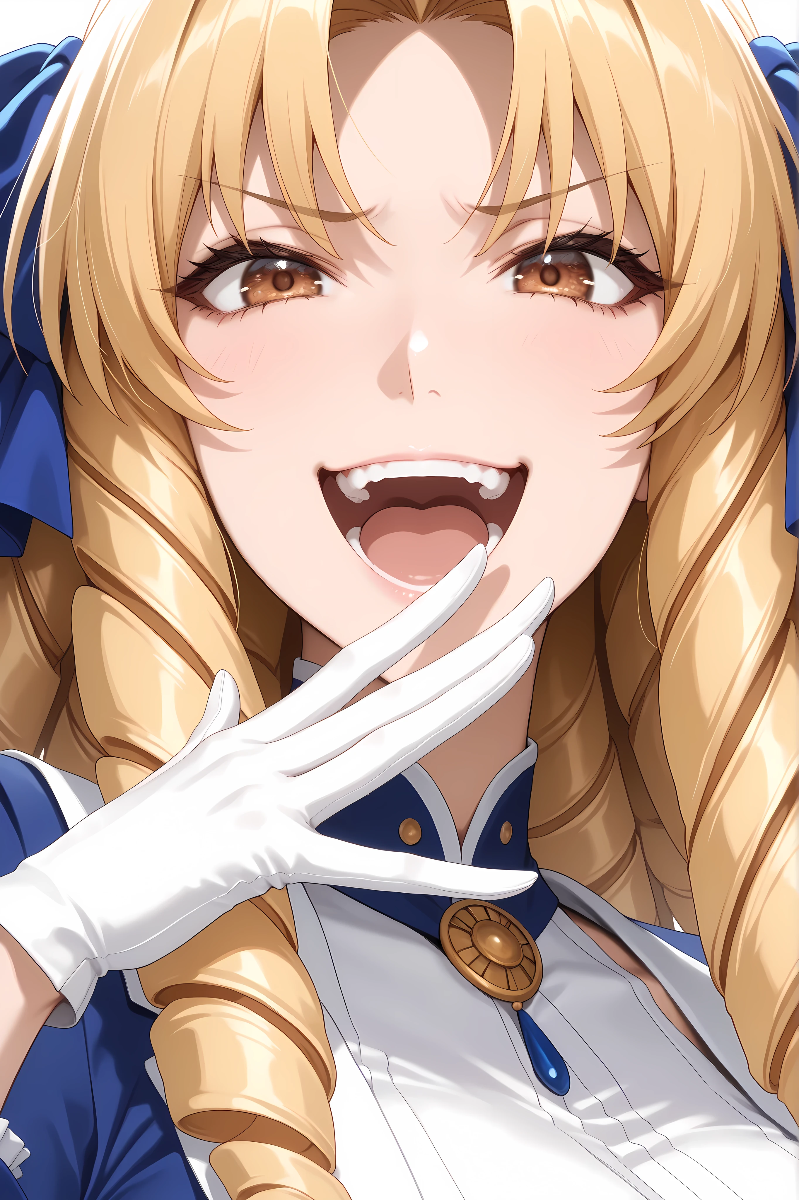,luviagelita edelfelt, long hair, brown eyes, hair bow, blonde hair, drill hair, large breasts,,gloves, dress,frills, white gloves, blue dress,
ojou-sama pose, laughing, smug, hand to own mouth, open mouth,
close up, close up to face,
solo, general, masterpiece, highres, ultra-detailed, hyper-detailed, best quality, amazing quality, very aesthetic, best hands, best eyes, best hand,
adult woman, 1woman,