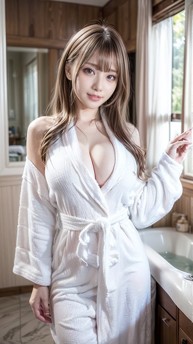masutepiece, Best Quality, Illustration, Ultra-detailed, finely detail, hight resolution, 8K Wallpaper, Perfect dynamic composition, Beautiful detailed eyes, Medium Hair, mid-chest, Natural Color Lip, Random and  poses,Pee in the bathroom，Cute、The bathrobe is wet and transparent、panties on、Wet hair、the whole body is wet