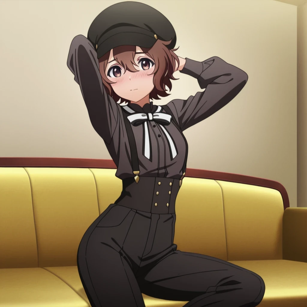masterpiece, best quality, amazing quality, sara, small breast, short hair, bangs, brown hair, brown eyes, hair between eyes, anime screencap, shirt, hat, ribbon, suspenders, cabbie hat, black shirt, black hat, black pants, black suspenders, high-waist pants, small breast, hands behind head, ((contrapposto)), bedroom, sitting, couch, full body, solo, shy, looking at viewer,