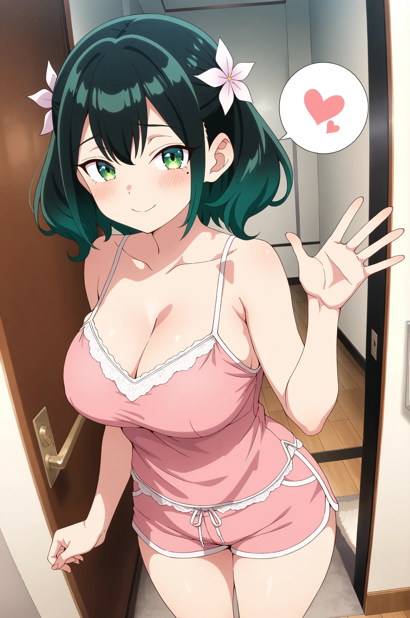 nsfw,Rura Ruriha,Solo,teen,waving,Smile,spoken heart,shy,big breasts,green hair,black hair, hair flower,hair ornament,flower,mole,mole under eye,(pink camisole),pink shorts,entrance,gallery,masterpiece, best quality,amazing quality