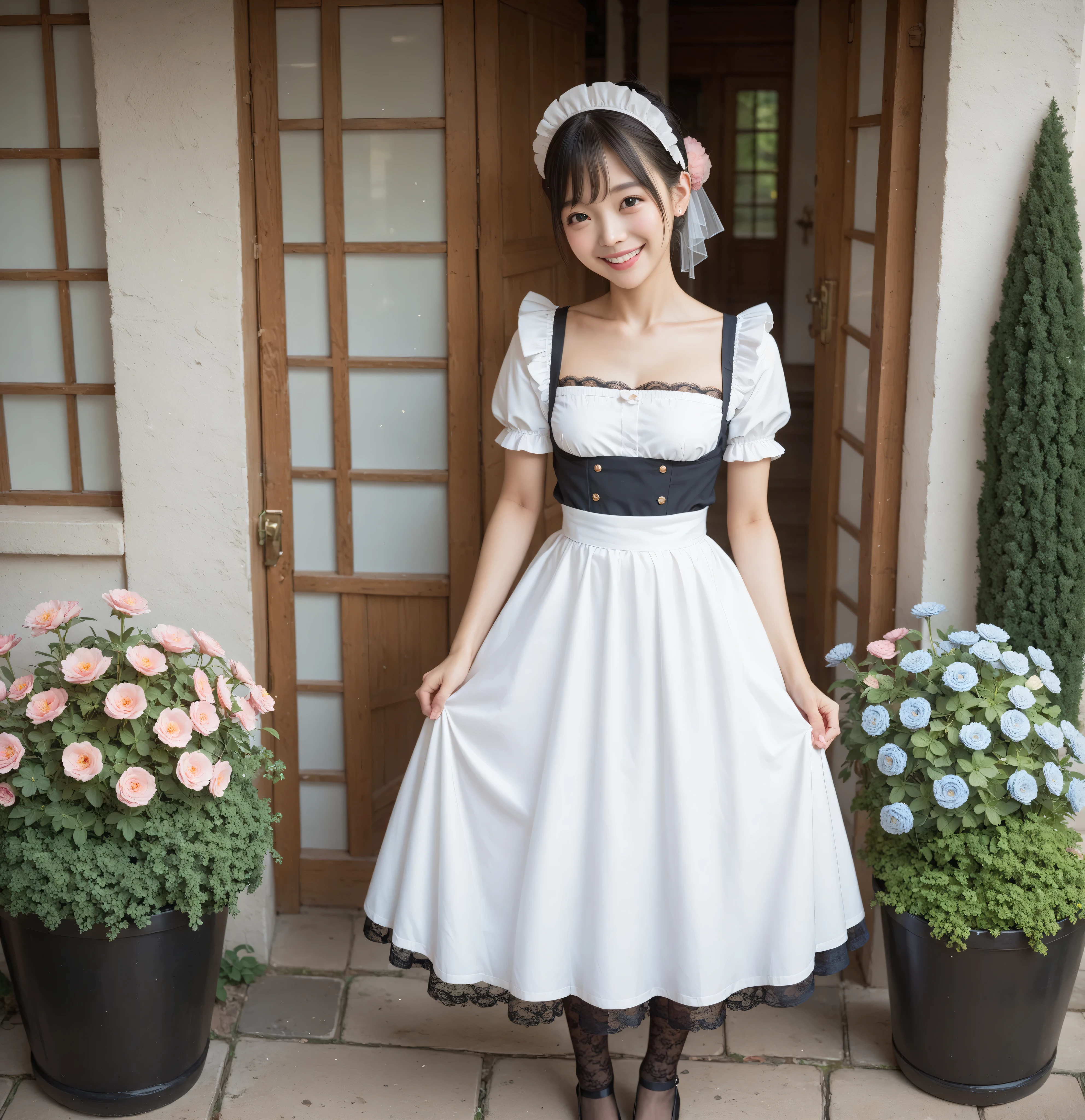 1 girl、maids,Look at the audience,(skinny:1.19),(younger:0.95),from above,lean forward,(big boobs:0.06),Watering flowers outside the mansion,Japanese,(Smile Yang:1.05),black lace stockings