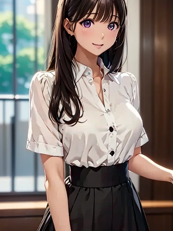 highest quality masterpiece,
one girl, alone,
in her  and white shirt, black skirt,
bright and medium-long wavy hair,
beautifully detailed with highly defined eyes and face,
shyly looking at the viewer,
amidst the natural, lit surroundings,
outdoors, at night,
under the shine of purple petals and blue flowers,
with thick thighs and ,
red pupils and ponytail tied with a blue ribbon,
gray haired, with a hint of  suggestion.

Figure of the highest quality,
one beautiful and fine-eyed girl,
sitting alone,
wearing a