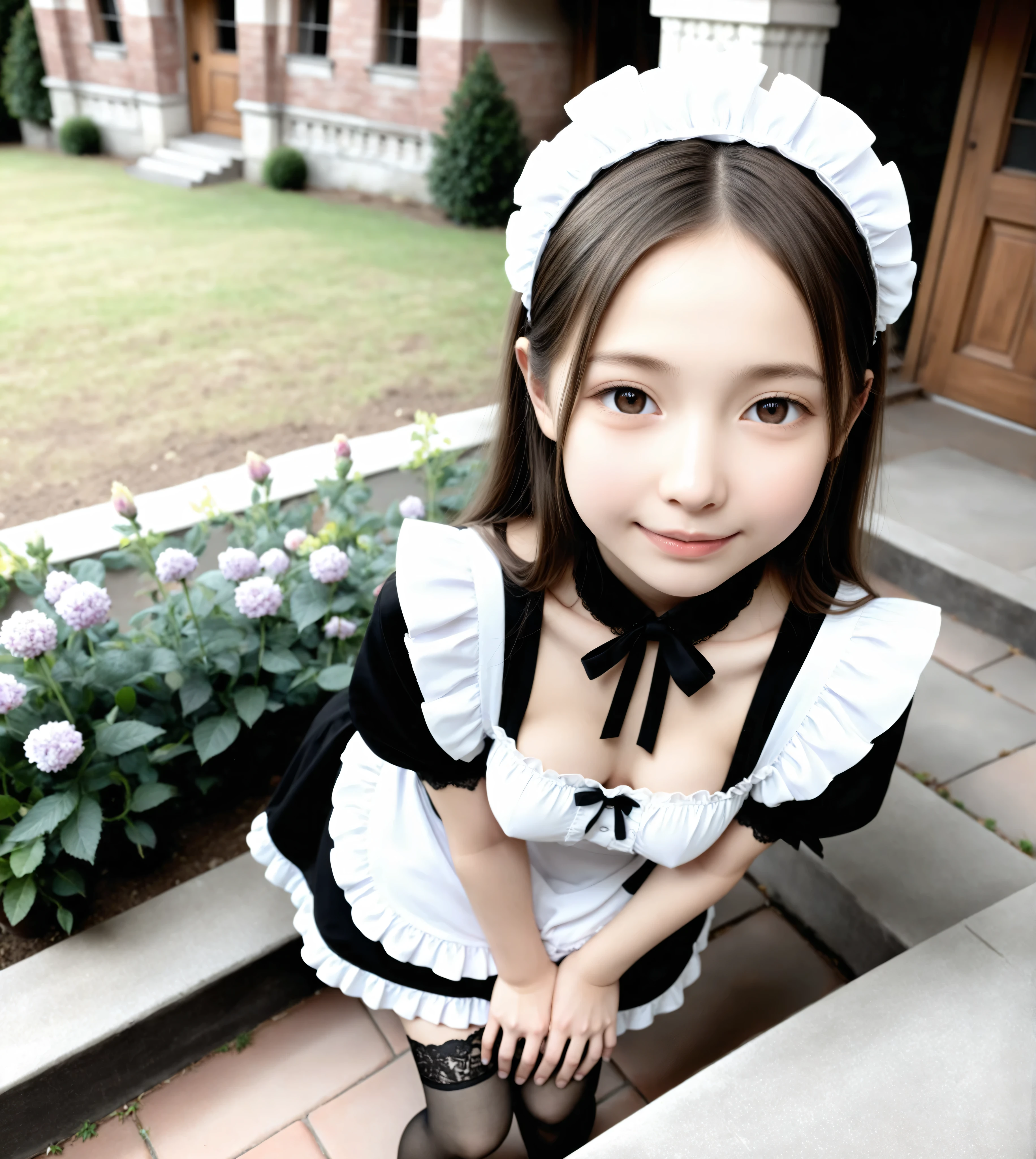 (Biological Corpse Factory)、maids,Look at the audience,(skinny:0.79),(younger:0.82),from above,(medium breasts:0.60),slouching forward,lean forward,Japanese,(Smile Yang:0.47),black lace stockings
