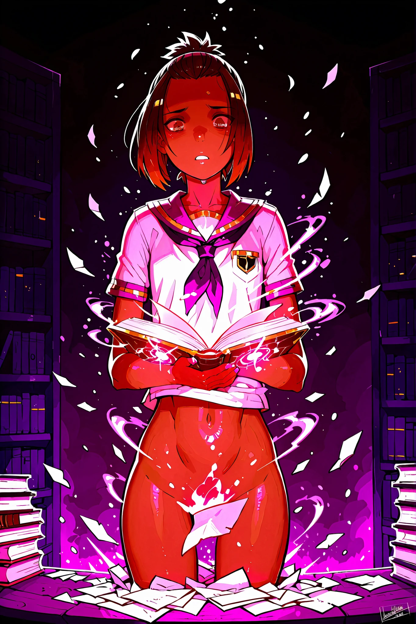 score_9, 1girl, book exploding with power, magical blast, clothing damage, girl's clothes turn into pieces of paper, paper clothing, functionally nude, functionally naked, convenient censor, overwhelmed expression, magic book, glowing text, white book, gold trim book, elegant book, leather-bound book, scattered pages, flying pages, Indian girl, (dark skin), forehead, short hair, bob hairstyle, half ponytail, short ponytail, brown hair, brown eyes, tired, red colors, purple colors, school clubroom, books, shelves, school uniform, white clothes, gold trim, short sleeves, short tie, strong wind, magical energy, (Faustsketcher)