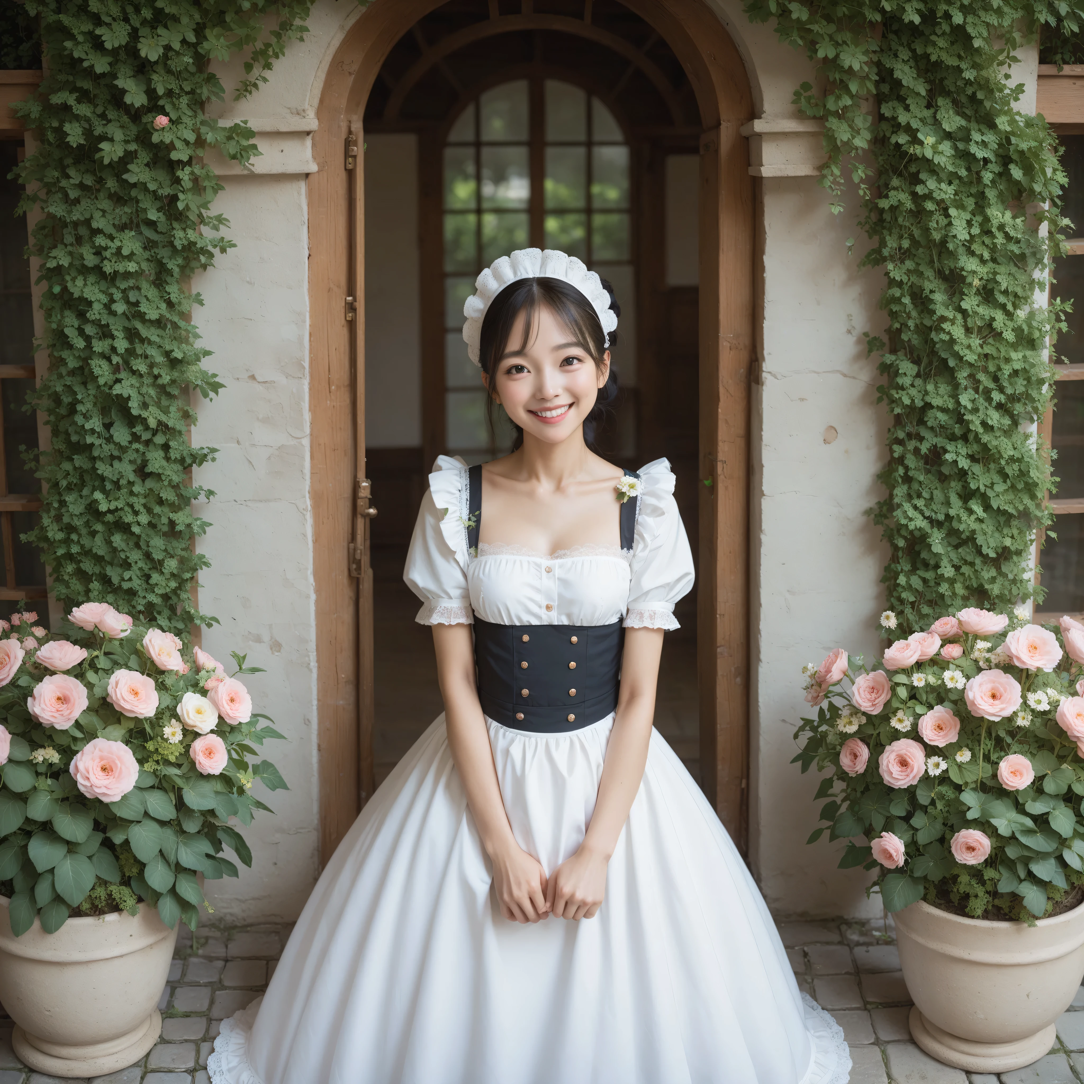 1 girl、maids,Look at the audience,(skinny:1.19),(younger:0.95),from above,lean forward,(big boobs:0.06),Watering flowers outside the mansion,Japanese,(Smile Yang:1.05),black lace stockings