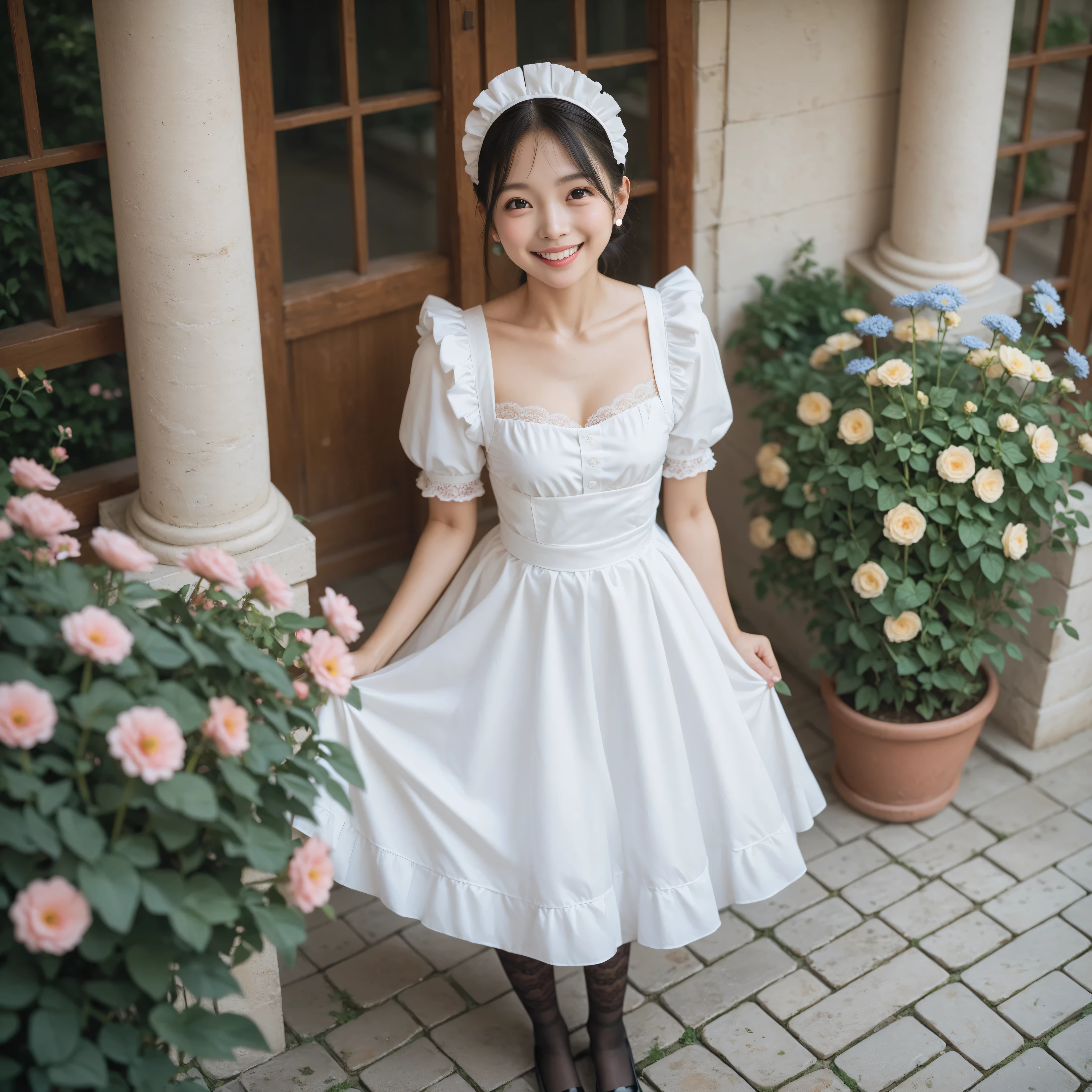 1 girl、maids,Look at the audience,(skinny:1.19),(younger:0.95),from above,lean forward,(big boobs:0.06),Watering flowers outside the mansion,Japanese,(Smile Yang:1.05),black lace stockings