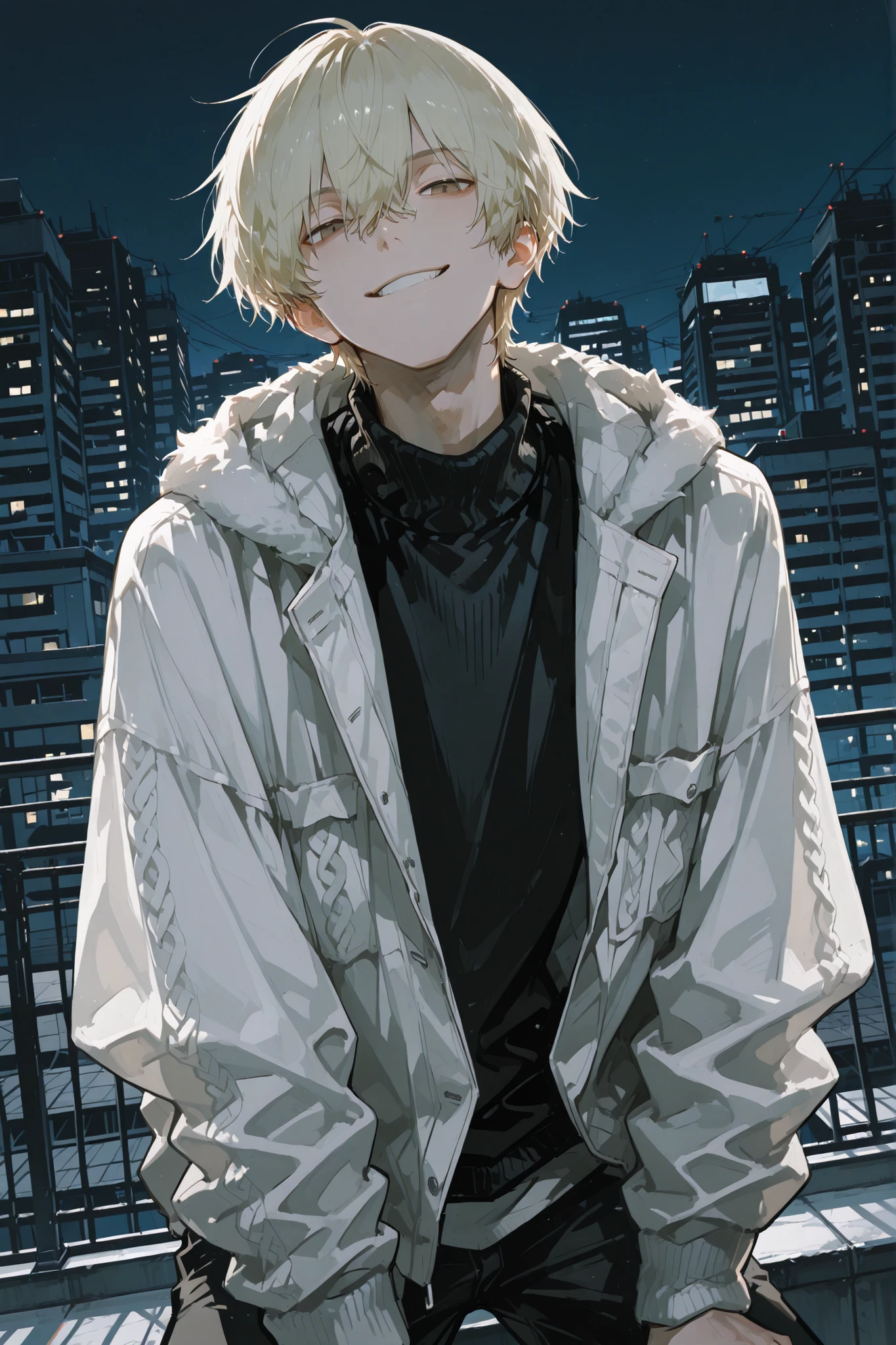 masterpiece, best quality, high resolution, detailed illustration, 2D anime-style handsome man, 28 years old, fluffy wavy blonde short hair, ear-length, bangs falling forward, eyes completely closed (narrow slit eyes like Ichimaru Gin), sly seductive grin, alluring mischievous expression, slender but well-toned masculine body, black turtleneck knit, stylish modern young man, extreme close-up bust-up shot, tilted angle from below, leaning forward as if invading personal space, looming over the viewer with a mocking smile, rooftop with blurred urban nightscape background, strong masculine beauty