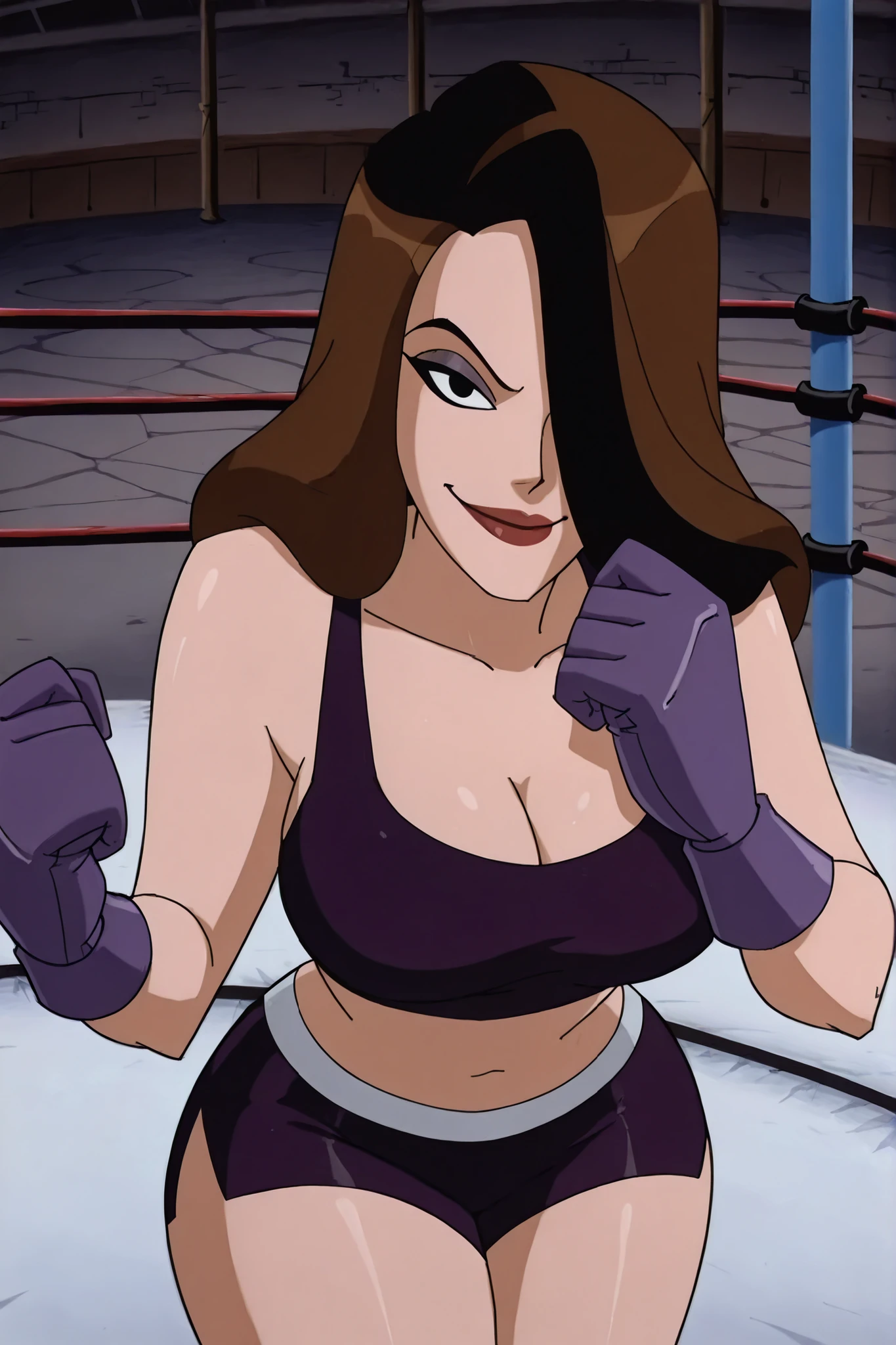 BREAK, score_6_up, score_7_up, score_8_up, score_9, 1girl, solo, long hair, black hair, brown hair, hair over one eye, black eyes, lipstick, makeup, t4lb4t, very large breasts, busty, cleavage, curvy, athletic, looking at viewer, seducing viewer, teasing viewer, seductive expression, smiling, closed mouth, bedroom eyes, dark purple sports bra, dark purple boxing shorts, dark purple boxing gloves, indoors, boxing ring, standing, closeup, portrait, upper body, high-angle view, dark purple eyeshadow, thick thighs, wide hips, leaning forward 