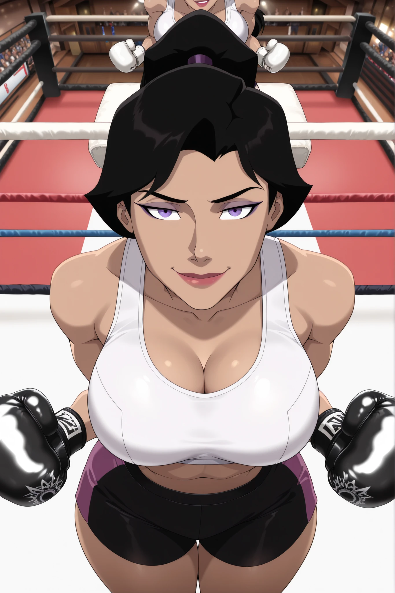 ((parody), perfect anatomy, perfect eyes) BREAK  lois lane, black hair, ponytail, purple eyes, lipstick, makeup, ((looking at viewer)), very large breasts, busty, cleavage, curvy, athletic, white sports bra, black boxing shorts, white boxing gloves, teasing viewer, seducing viewer, boxing ring, indoors, standing, closeup, portrait, smiling, seductive expression, bedroom eyes, upper body, portrait, closeup, high-angle view, dark purple eyeshadow, thick thighs, wide hips, leaning forward 