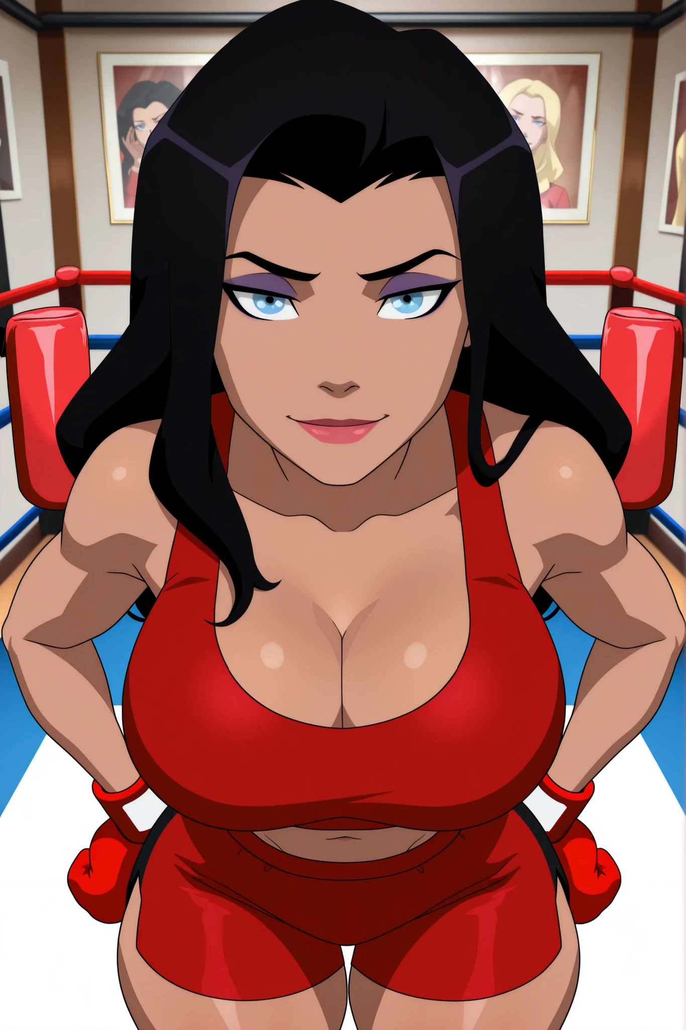 ((parody), perfect anatomy, perfect eyes, cowboy shot,) BREAK zatanna zatara, black hair, long hair, blue eyes, lipstick, ((looking at viewer)), seducing viewer, teasing viewer, very large breasts, busty, cleavage, curvy, athletic, standing, scarlet red sports bra, scarlet red boxing shorts, scarlet red boxing gloves, seductive expression, bedroom eyes, indoors, boxing ring, smiling, closed mouth, portrait, upper body, closeup, high-angle view, dark purple eyeshadow, thick thighs, wide hips, leaning forward