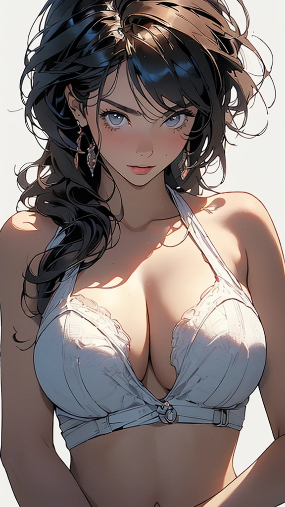 masterpiece, best quality, Woman holding a whole cake, 8k, White background，Solid color background，Woman holding birthday cake, 8k, (Clear focus, Very detailed) Warren Tufts, Retro, deep cleavage