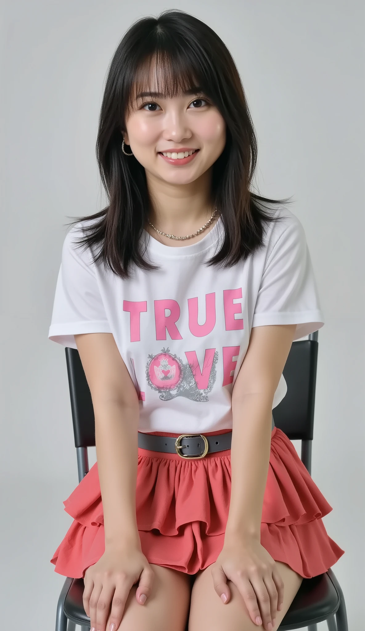 live-action、shot with a Canon EOS R5, 50mm lens, f/2.8 apertur、(masterpiece,best quality:1.4)、Highest Quality、ultra high res、8K、bright room、chair in the building on the edge、front view、Full body photo、Smile Yan、black haired 、straight semi-long、shiny hair、have bangs、(slender style:1.3)、(huge breasts:1.5)、zettai ryouiki、 white short-sleeve graphic t-shirt with pink “TRUE LOVE” lettering, crown motif and gray ornamental scroll accents, light red tiered ruffle mini skirt with wide dark gray waistband, silver chain necklace with small pink pendant, lace-up boots、Seductively Posing、(hugging one’s knees:1.3)、(undressing:1.3)Get on one knee、hugging one’s knees、open clothes、(torn clothes:1.5)