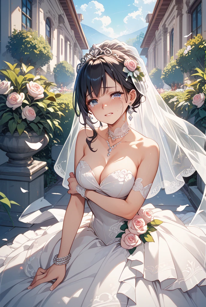 masterpiece:1.2, Highest quality), Realistic, (live-action, Intricate details, Depth of written boundary), (One girl, alone), compensate, Lips parted, Very detailed, Perfect Face, (Skin Dentition), Thick thighs, Wide ????, Narrow waist, expensive, Glossy coral lips,, (Girl in wedding dress holding flowers in hand )), ????, blush, Mikasa from AOT