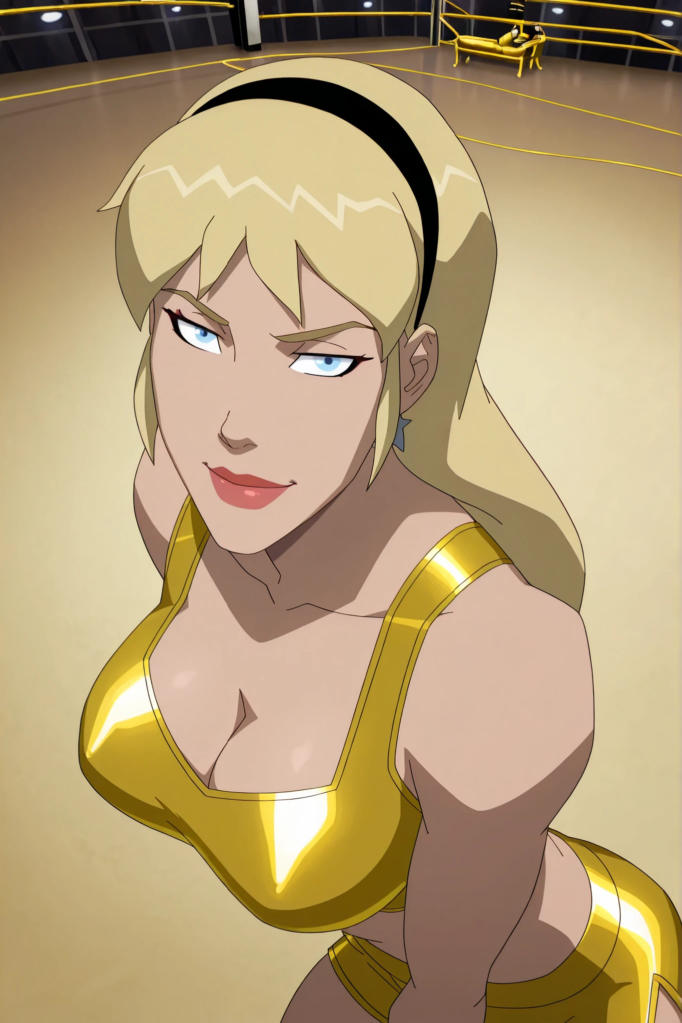 BREAK, score_6_up, score_7_up, score_8_up, score_9, 1girl, solo, long hair, blonde hair, blue eyes, lipstick, makeup, black hairband, g1rlsl, very large breasts, busty, cleavage, curvy, athletic, looking at viewer, seducing viewer, teasing viewer, seductive expression, smiling, closed mouth, gold sports bra, gold boxing shorts, gold boxing gloves, indoors, boxing ring, standing, closeup, portrait, upper body, high-angle view, red eyeshadow, thick thighs, wide hips, leaning forward