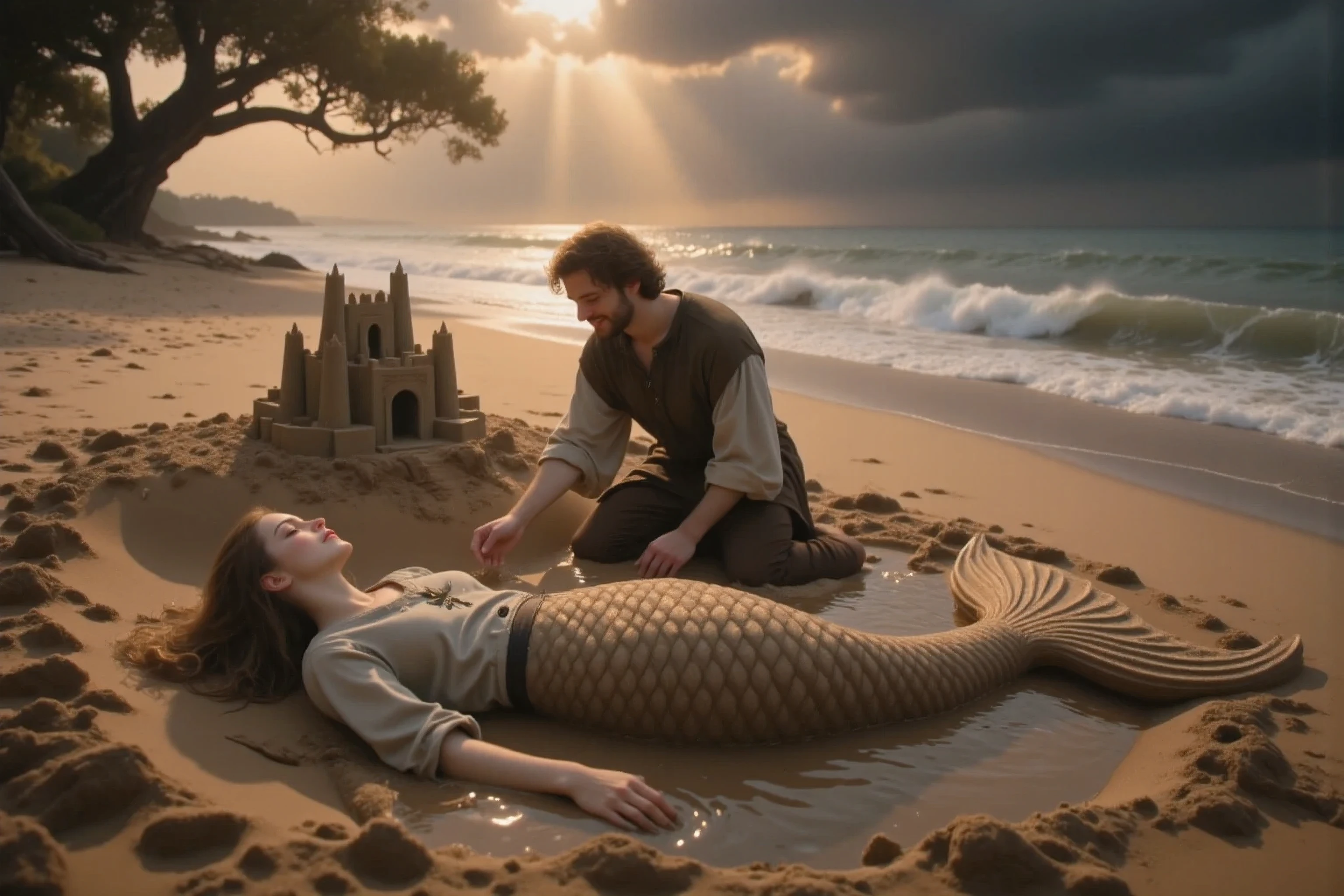 (hyperrealism:1.3), best quality, ultra-detailed, Highest resolution 8K, Cinematic emotional static frame, 8K UHD, extremely detailed, physical visualization, masterpiece, HDR, (sfw:1.4),
top view: a 25-year-old girl in a simple medieval shirt lies on her back in the sand on the beach and touches the water with her hand (the huge wide lower part of the girl is covered with huge sand and made entirely of sand and resembles a sloppy, oiled, crumbling huge mermaid tail, completely ingrown into the sand from below and covered with damp sand from below and heavily sprinkled with sand on all sides). a sloppy destroyed sand castle of wet sand is built on top of the mermaid's tail.. A man in simple medieval clothes is sitting next to him and sculpting a mermaid's tail on a girl and smiling at the woman, against the background you can see the endless sea and rolling waves.
Against the background, the coast and a sprawling tree above the sea. rich colors.
gloomy sky. Dark frame. Dark style. Rays of warm light fall from the sky from behind the clouds, illuminating the brown ground with separate warm areas.