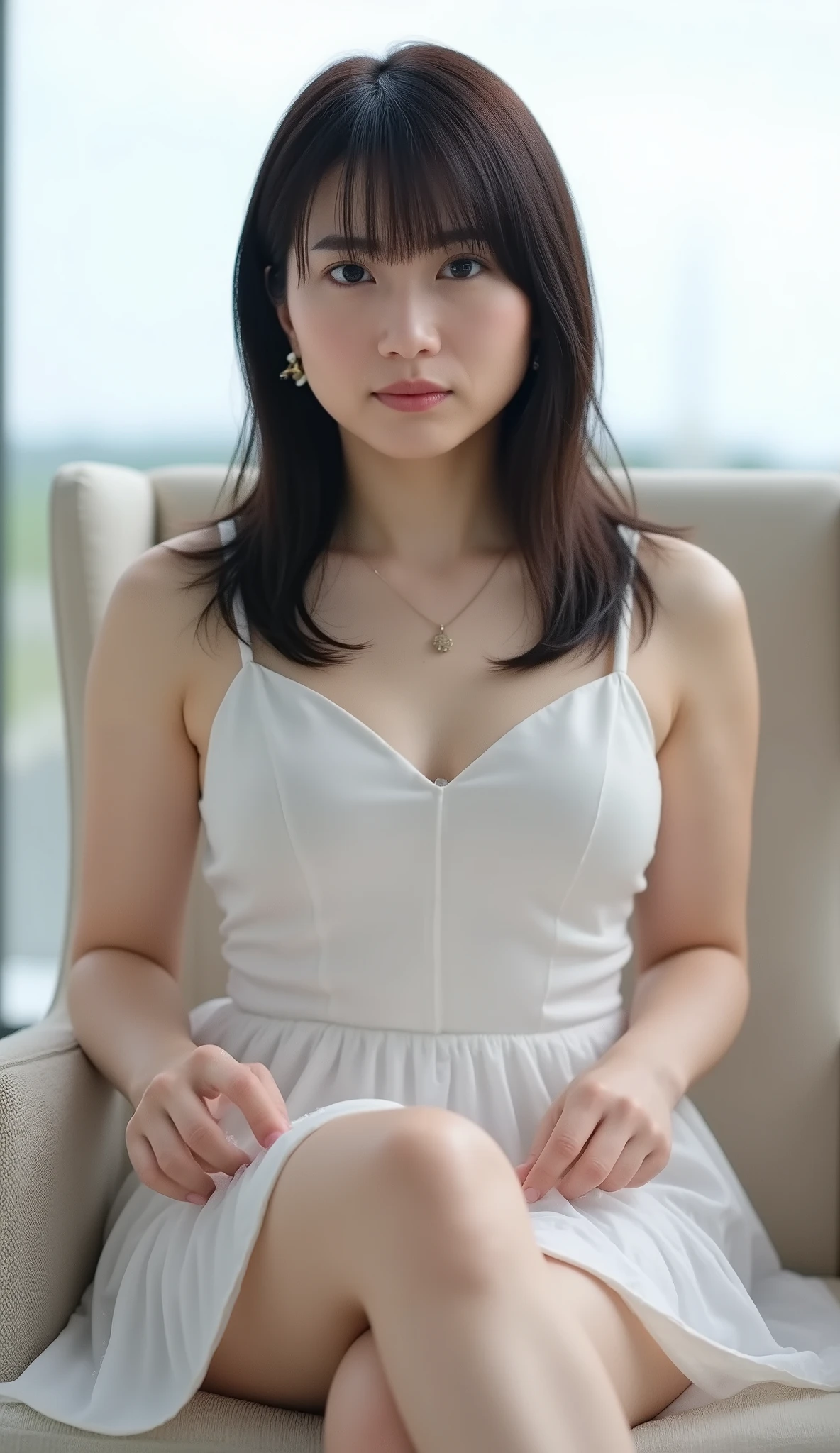 live-action、shot with a Canon EOS R5, 50mm lens, f/2.8 apertur、(masterpiece,best quality:1.4)、Highest Quality、ultra high res、8K、bright room、chair in the building on the edge、front view、Full body photo、Smile Yan、black haired 、straight semi-long、shiny hair、have bangs、(slender style:1.3)、(huge breasts:1.5)、zettai ryouiki、 silk slip-style petticoat underskirt, smooth satin finish, minimal seams, soft drape、Seductively Posing、lift up skirt、Show Panties、(undressing:1.3)、(torn clothes:1.5)、see-through、half undress、areola slip