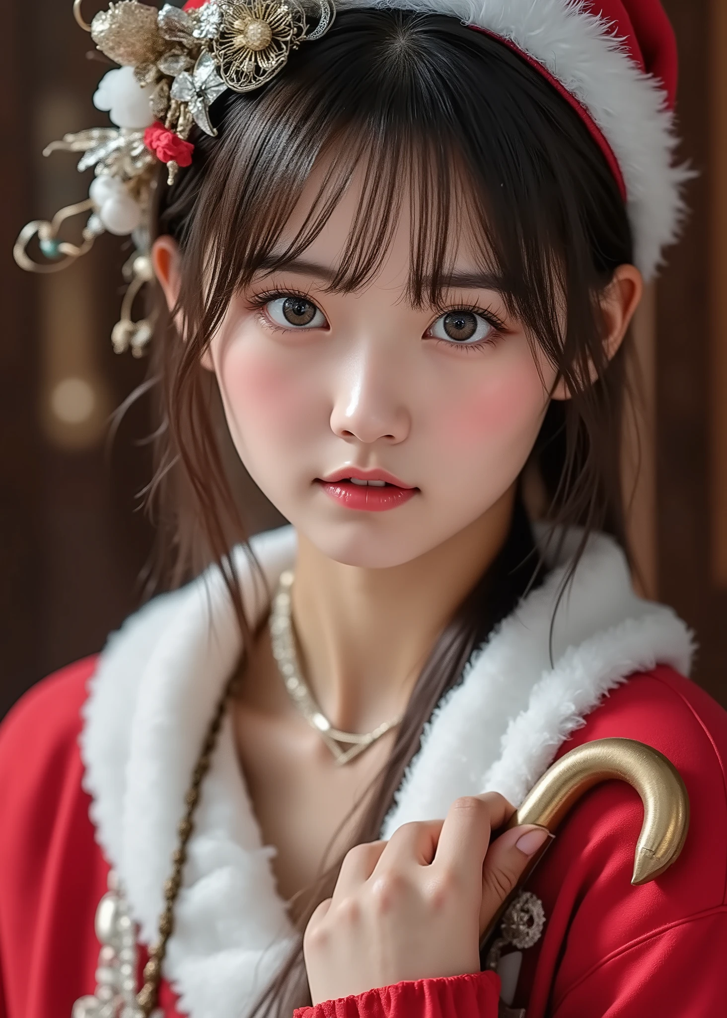 nsfw,
1girl、cute girl、I dressed up as Santa Claus、with a beautiful shiny decoration , Wear a mask 、mask with a curved wooden cane in the guise of Santa Claus、 details、delicate、