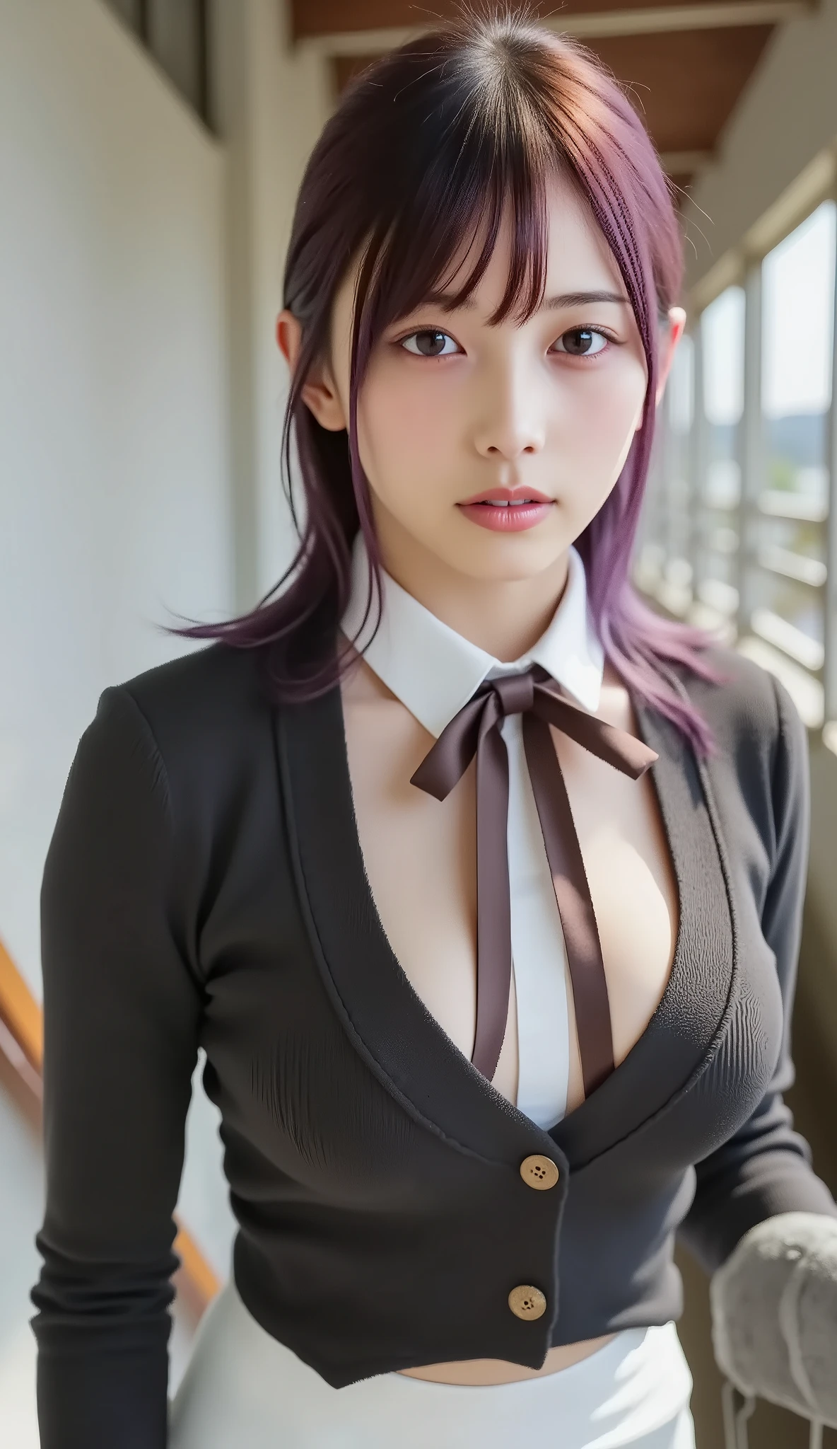 a dark brown ribbon tied properly around the collar Leng, given an energetic and dynamic look. and a dark blazer with a subtle sheen, Light from the window in the background, soft highlights and shadows that enhance the depth of the image {x} are projected. The person is wearing a formal school uniform, にBrilliant touch を. beautiful portrait photo, high resolution, students in uniform in the light, Brilliant touch , Photographic Realism, 4K Clarity, Soft Light, Vivid touch to window, vibrant expression