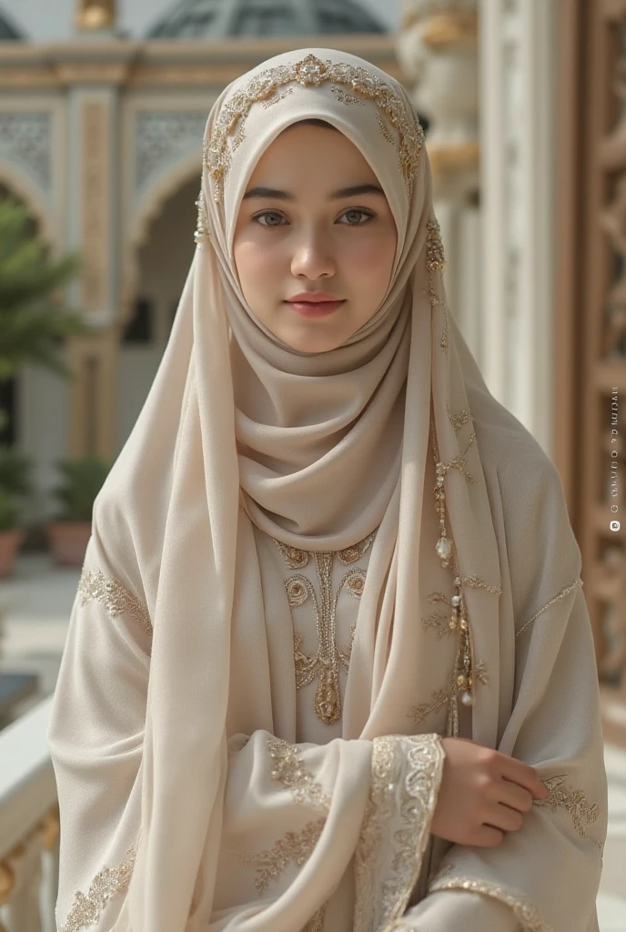 High-resolution image of an Indonesian
Muslim woman standing facing forward,
wearing a neat hijab and long white abaya
with ihram clothing, in front of the Ka'bah
during the day, with many people in the
background. photorealistic, 8k, hyperdetailed, cinematic lighting, dramatic pose, intricate details, hyper realistic, concept art, fantasy, digital art, vibrant colors, beautiful detailed eyes, beautiful detailed lips, extremely detailed eyes and face, long eyelashes, highly detailed face, realistic human anatomy, elegant dress, gorgeous scenery, magical elements, otherworldly landscape, dramatic lighting, intricate details, stunning colors
