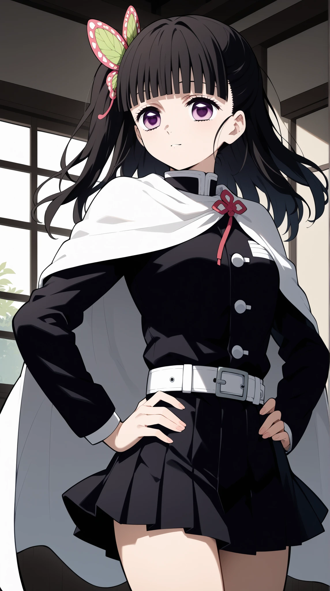 score_9, score_8_up, score_7_up, score_6_up, score_5_up, score_4_up, source_anime, I have a sane , long hair, dark haired, side ponies, hair ornaments, purple eyes, chest, White cape, black shirt, long sleeve, White Belt, pleated skirt, black skirt, standing, cowboy shot, place your hands on your hips, puffy face, grimace, Indoor,Seductively Posing、high kick