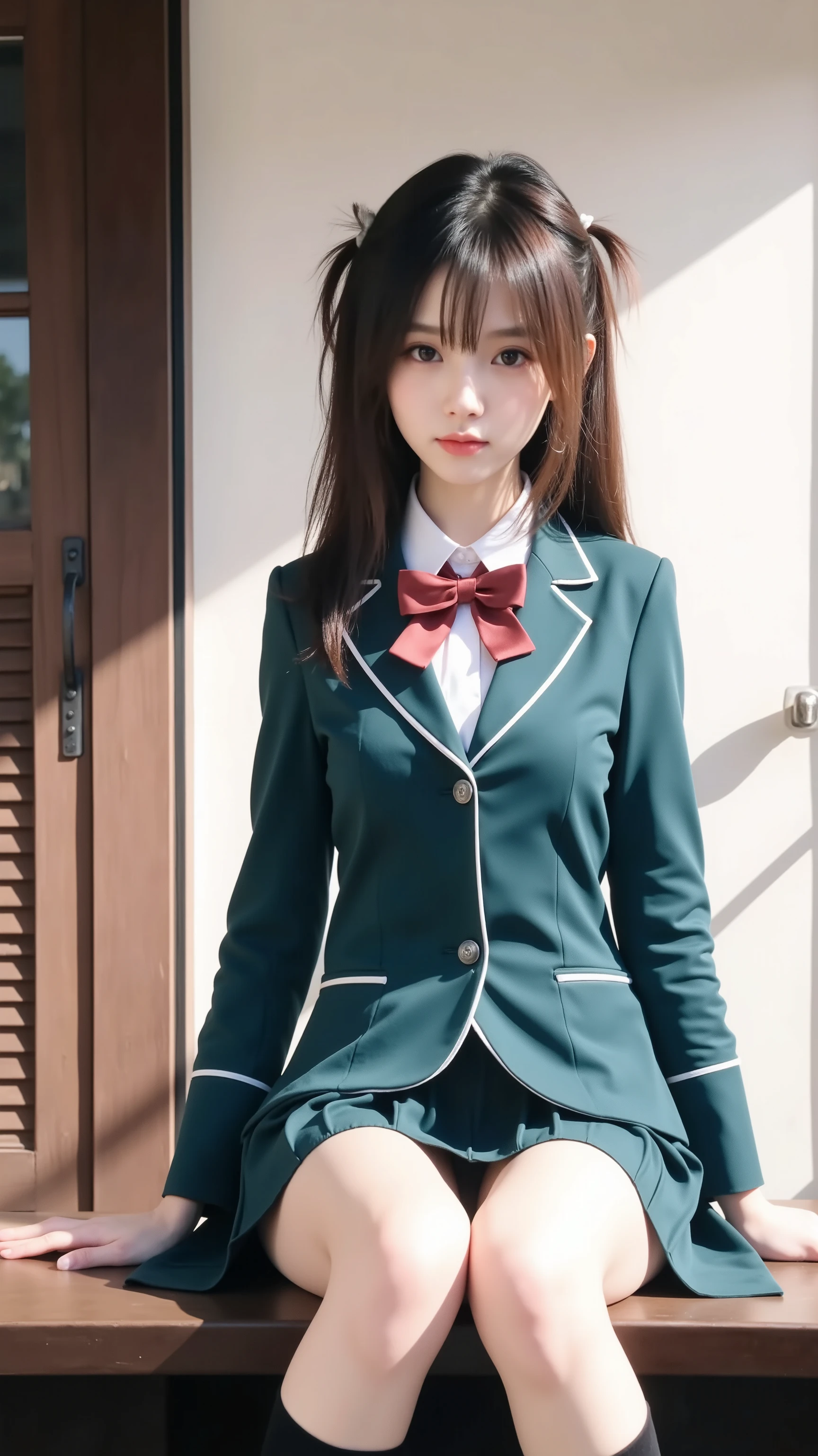 Girl Seated by the Edge with Her Legs Crossed, beautiful high school girl, moe art style, Best Girl, Cute Girlのビジュアル, Attractive girl , ((Also, Absolute domain, Beautiful legs)), Cute Girl, smooth skin, Seductive Girl, JK uniform, Young Girl Sitting on Deck, (Highest Quality, 8K, RAW pictures), ultra high definition, masterpiece, (detailed hands:1.3, Perfectly Right Hand:1.3)