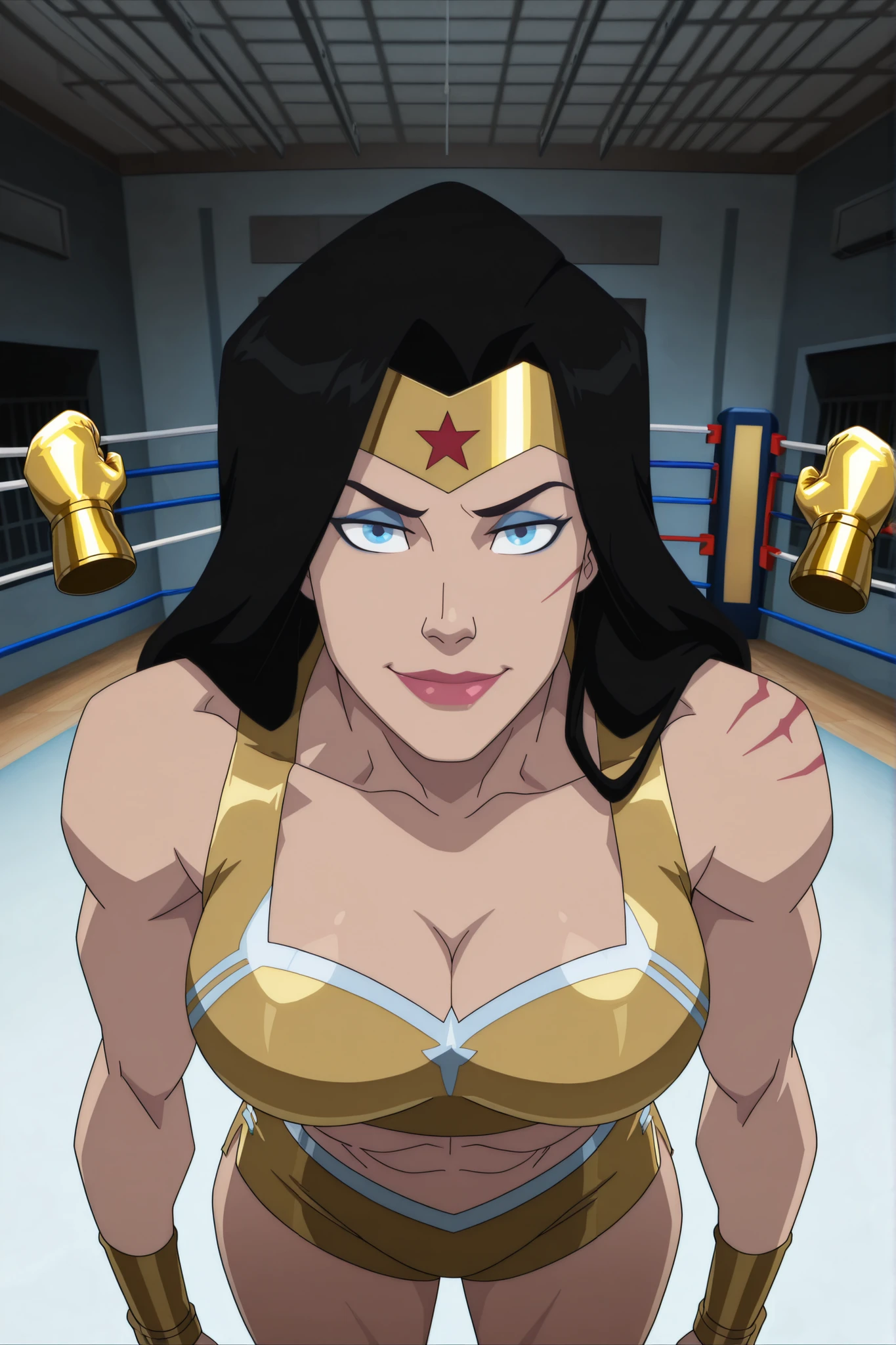 BREAK, score_6_up, score_7_up, score_8_up, score_9, 1girl, solo, long hair, blue eyes, black hair, bare shoulders, blue eyes, muscular female, midriff, bare shoulders, lipstick, makeup, wwBl00d, very large breasts, busty, cleavage, curvy, athletic, looking at viewer, seducing viewer, teasing viewer, seductive expression, smiling, closed mouth, bedroom eyes, gold sports bra, gold boxing shorts, gold boxing gloves, indoors, boxing ring, standing, closeup, portrait, upper body, high-angle view, blue eyeshadow, thick thighs, wide hips, leaning forward