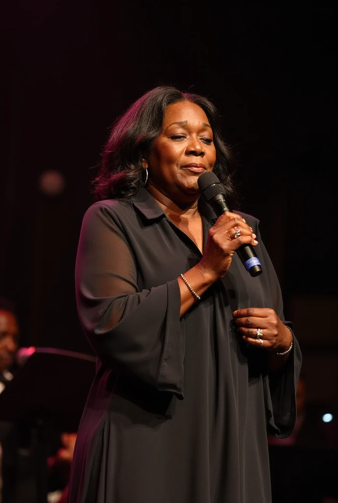 A mid-aged African American gospel singer performing passionately on ...