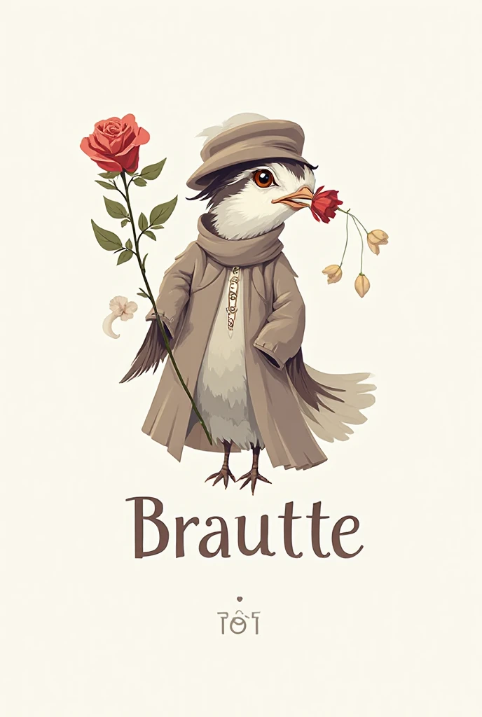 2D bird clothing logo with a rose in the mouth with the name Brautte