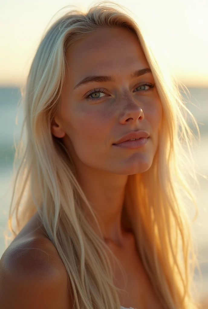 Cinematic soft lighting illuminates a stunningly detailed and ultra-realistic beautiful Australian supermodel, beach look, long messy windy blonde hair, clear green eyes, captivating perfect smile, sensual, hot woman, gorgeous, that is trending on ArtStation. Octane is the perfect tool to capture the softest details of this 16k photography masterpiece.
