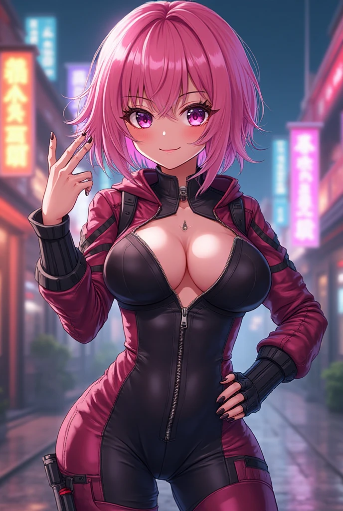 1 girl, 19 years old, Long pink hair, green eyes with slit pupils, master-piece, best quality, (long sleeve buttoned red shirt), (red v-neck crop t-shirt, black leather pencil mini skirt, cleavage),  (Big , ultra gigantic , Super super big, Glamorous body), Make eye contact with the camera, front figure, looking forward, (light_Smile:1.5), (Detailed hands and fingers:1.2) (Cyberpunk City), (FULL BODYSHOT), thighs thighs thighs thighs、beauty legs、