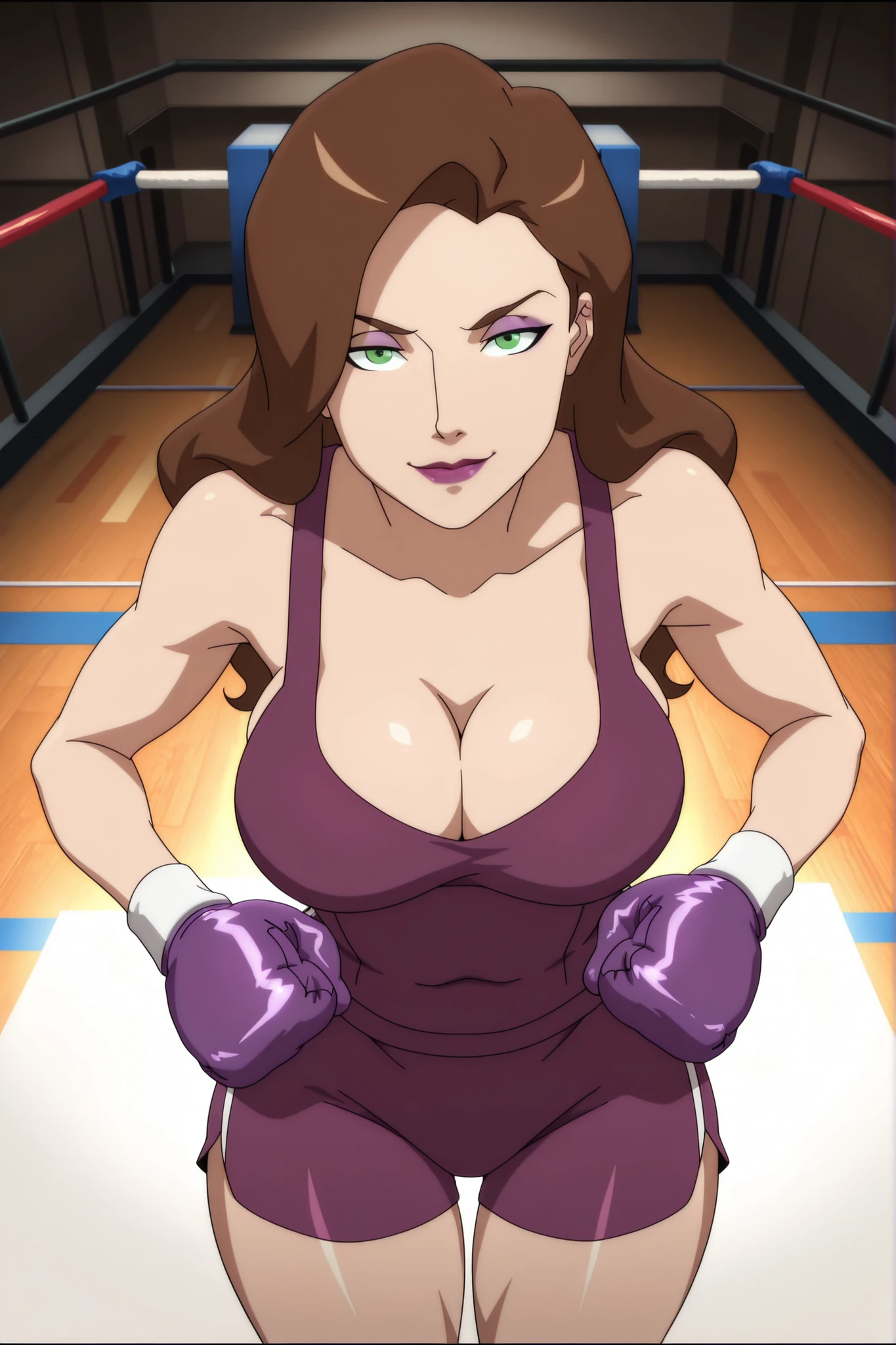 BREAK, score_6_up, score_7_up, score_8_up, score_9, 1girl, solo, long hair, brown hair, green eyes, lipstick, makeup, t4l1a, very large breasts, busty, cleavage, curvy, athletic, looking at viewer, seducing viewer, teasing viewer, seductive expression, smiling, closed mouth, bedroom eyes, plum purple sports bra, plum purple boxing shorts, plum purple boxing gloves, indoors, boxing ring, standing, closeup, portrait, upper body, high-angle view, purple eyeshadow, thick thighs, wide hips, leaning forward 