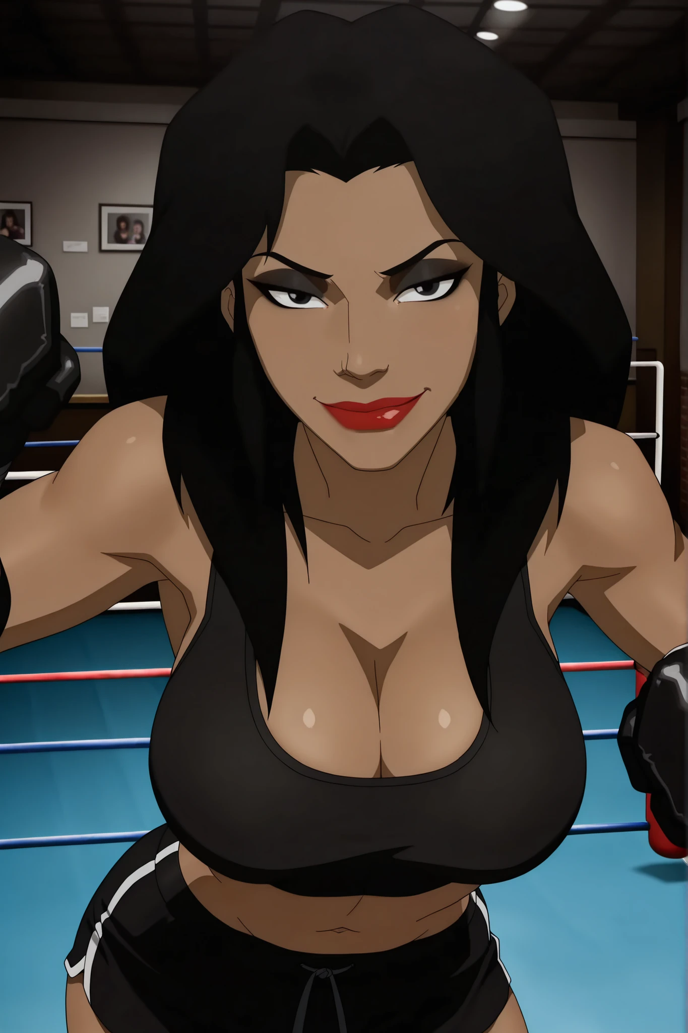 BREAK, score_6_up, score_7_up, score_8_up, score_9, 1girl, solo, long hair, black hair, black eyes, lipstick, makeup, dark skin, dark-skinned female, ch3x4s3f1r3, very large breasts, busty, cleavage, curvy, athletic, looking at viewer, seducing viewer, teasing viewer, seductive expression, smiling, closed mouth, bedroom eyes, black sports bra, black boxing shorts, black boxing gloves, indoors, boxing ring, standing, closeup, portrait, upper body, high-angle view, black eyeshadow, thick thighs, wide hips, leaning forward 