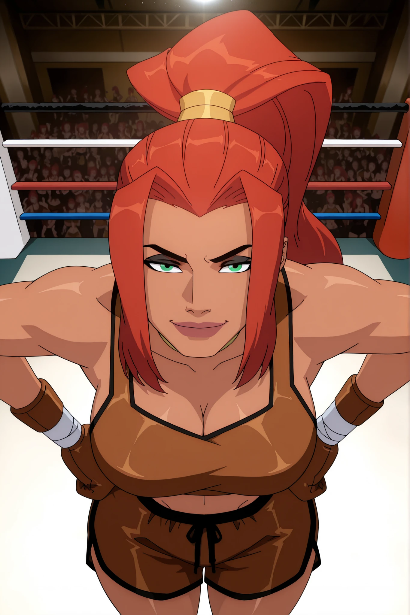 BREAK, score_6_up, score_7_up, score_8_up, score_9, 1girl, solo, long hair, green eyes, red hair, dark skin, dark-skinned female, high ponytail, art3m1s, very large breasts, busty, cleavage, curvy, athletic, looking at viewer, seducing viewer, teasing viewer, seductive expression, smiling, closed mouth, bedroom eyes, brown sports bra, brown boxing shorts, brown boxing gloves, indoors, boxing ring, standing, closeup, portrait, upper body, high-angle view, black eyeshadow, thick thighs, wide hips, leaning forward