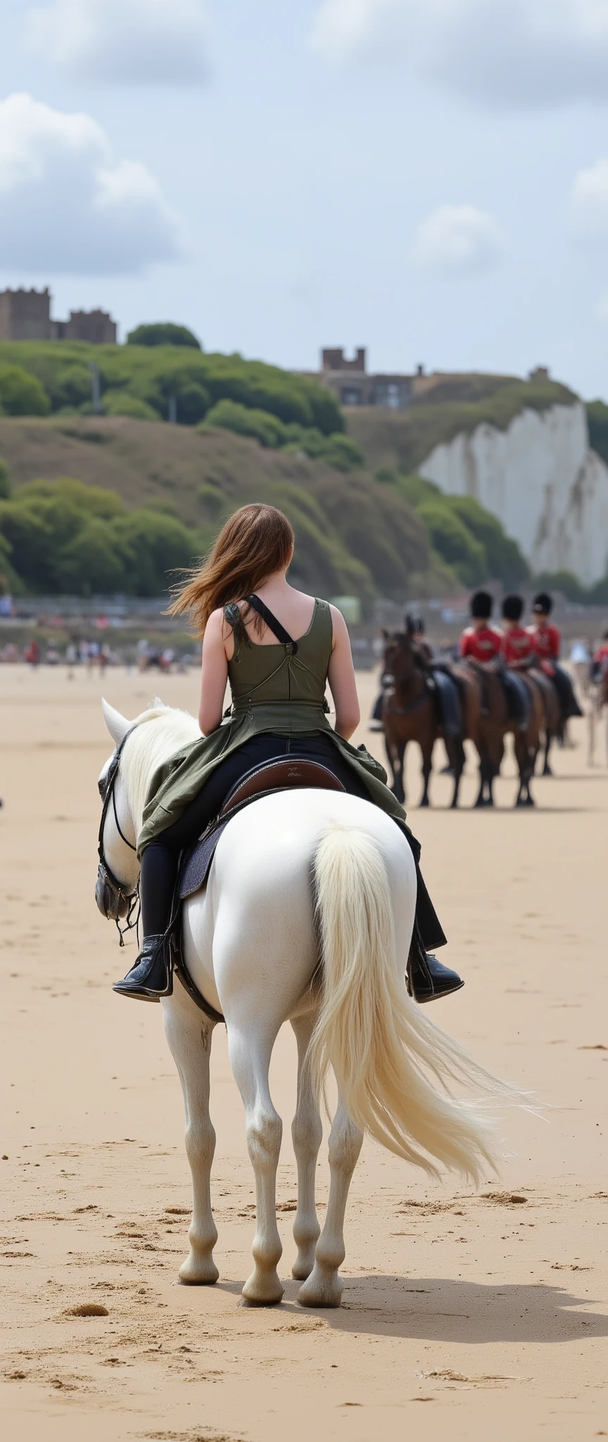 high-definition images、Princess Charlotte riding a white horse on a sandy beach along the coastline、A beautiful sandy beach with a view of England's white cliffs、The castle's cavalry guards behind