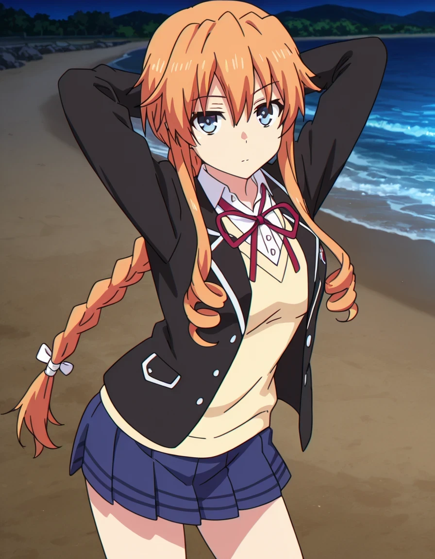 aayuzuru, blue eyes, orange hair, braided ponytail, drill hair, medium , yuzuruschool, school uniform, red neck ribbon, white dress shirt, yellow sweater vest, black blazer, blue skirt, pleated skirt, anime coloring, high quality, solo, night sky, beach, arms behind head, ((contrapposto)), closed mouth, medium shot, center in frame, looking at viewer, expressionless, best quality