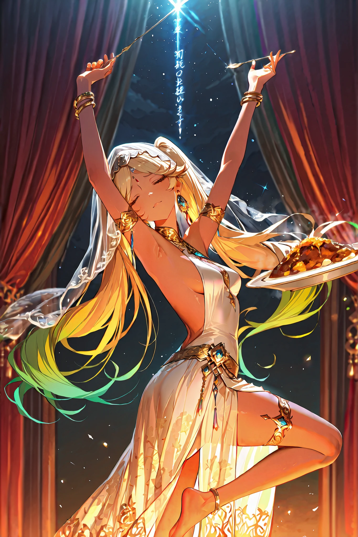 (language: Japanese、English)、(masterpiece)、(Highest Quality)、(High Score )、(high resolution)、

(Fantasy、India in the Middle Ages、(summer)、(moonlight)、(Indoor)、1girl,solo,),

(,,(food carrying scene）、(A girl dancing),（The background is a fortune-telling parlor,curtains (featuring a Persian-style pattern).）、,,(Hold the Curry plate with both hands, (the plate on her palms)),(spoon,girl holding spoon between lips),,,,BREAK,(Extremely delicate and beautiful coloring),,BREAK,（anatomically accurate）、),

(((Shimmering powder falls from the ceiling, glowing powder effect),,BREAK,(an extremely cute and beautiful girl),(beautiful hair,Extremely delicate hair rendering,hairdetailer:1.5),[(Faintly emerge from the darkness:1.2)],))

(source_anime,mature woman,fcsDetail Portrait, iog base,long hair, twintails, dark skin, [(gradient hair from blonde to ligh green:1.4)0.6],Indian-style clothing,Saree,(Embroidered dress),Floral skirt,bare feet, gold bangles, large earrings, bindi,veil,(Clothes that fit the body),sleeveless,Arabian Face Veil(black),(slightly smaller breasts),(saggy breasts:3.0),(short stature),),((worried),close eyes,)(standing :),(head tilt:1.3),(twisted torso:1.2),,BREAK,(both arms sides (open hand),(arm up:1.6)),(leg up:1.3)[looking to the side:2],[face forcus:],,BREAK,[cowboy shot:2],[from front:1.5],
